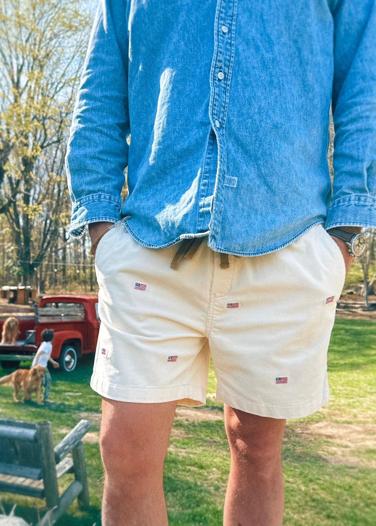 American Flag Corduroy Drawstring Shorts in Cream