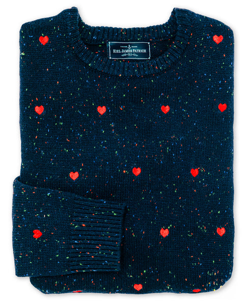 KJP Women's Embroidered Heart Donegal Crewneck Sweater in Navy