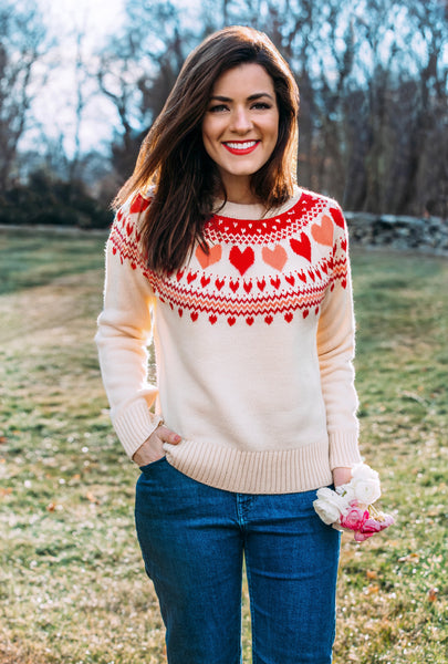 KJP Women's Heartwarmer Fair Isle Crewneck Sweater in Red/White