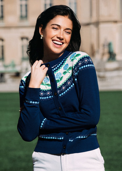 KJP Women's Nantucket Hydrangea Fair Isle Cardigan Sweater in Navy