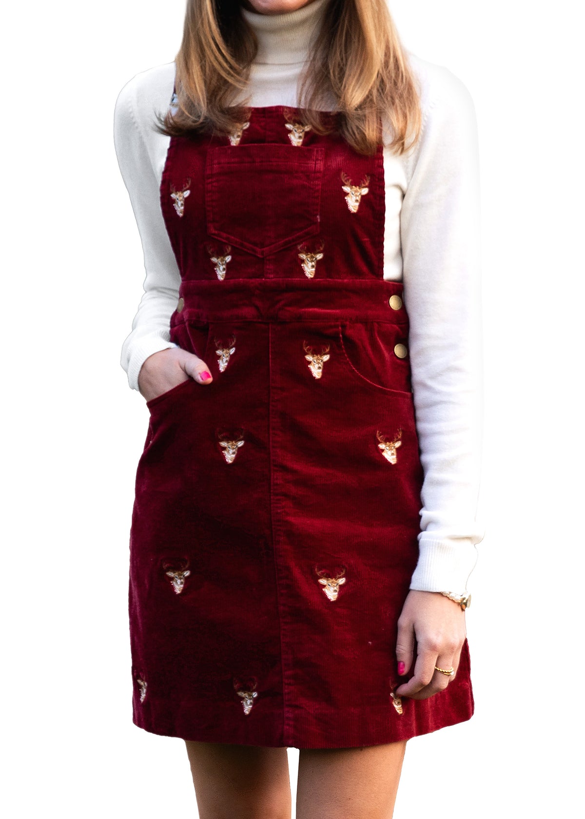 KJP Women's Rustic Stag Embroidered Corduroy Jumper Dress in Maroon L