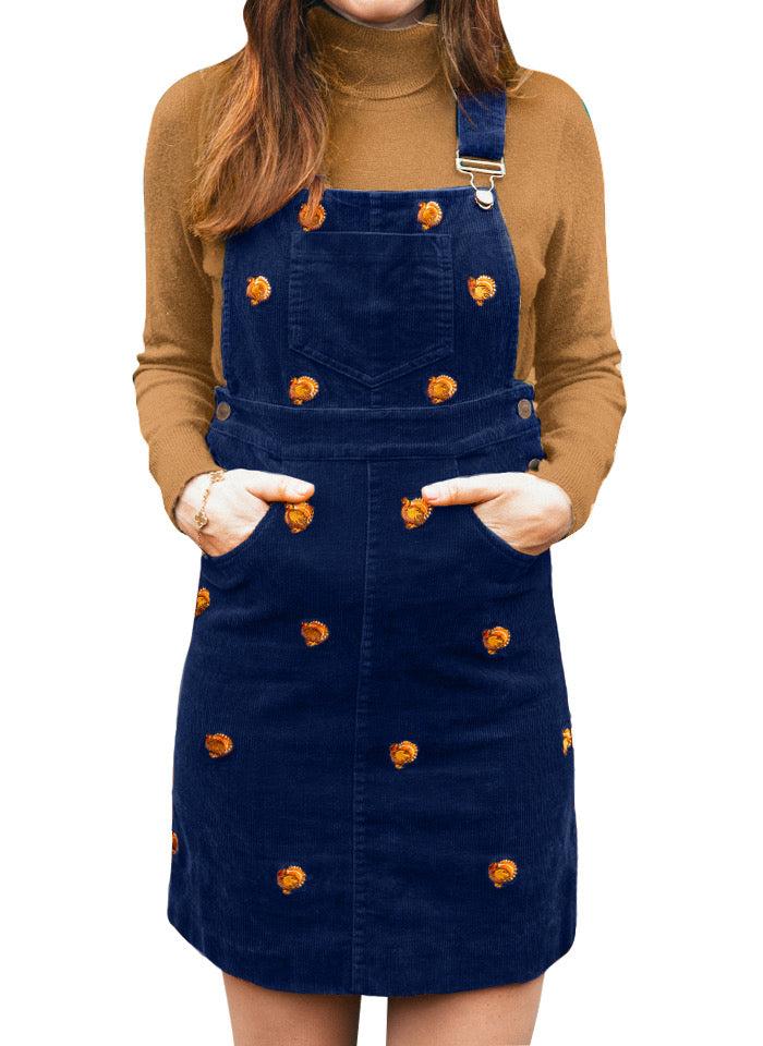 Turkey Embroidered Corduroy Jumper Dress in Navy