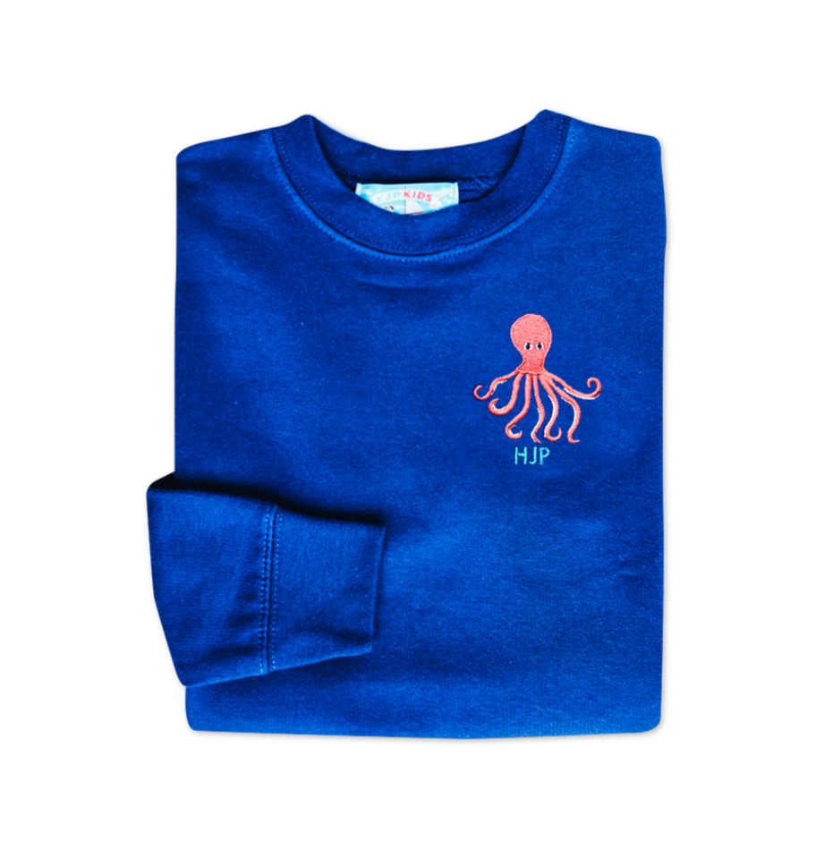 Inky Octopus Kids Embroidered Monogram Sweatshirt