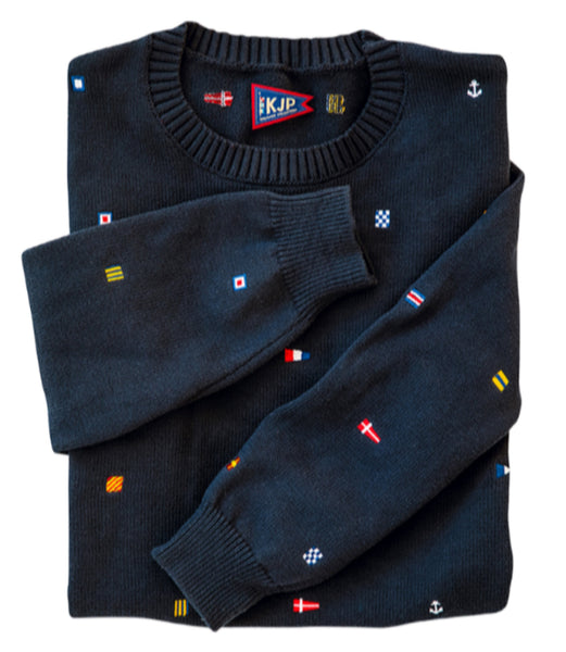 KJP Men's Seafari Embroidered Nautical Flag Crewneck Sweater