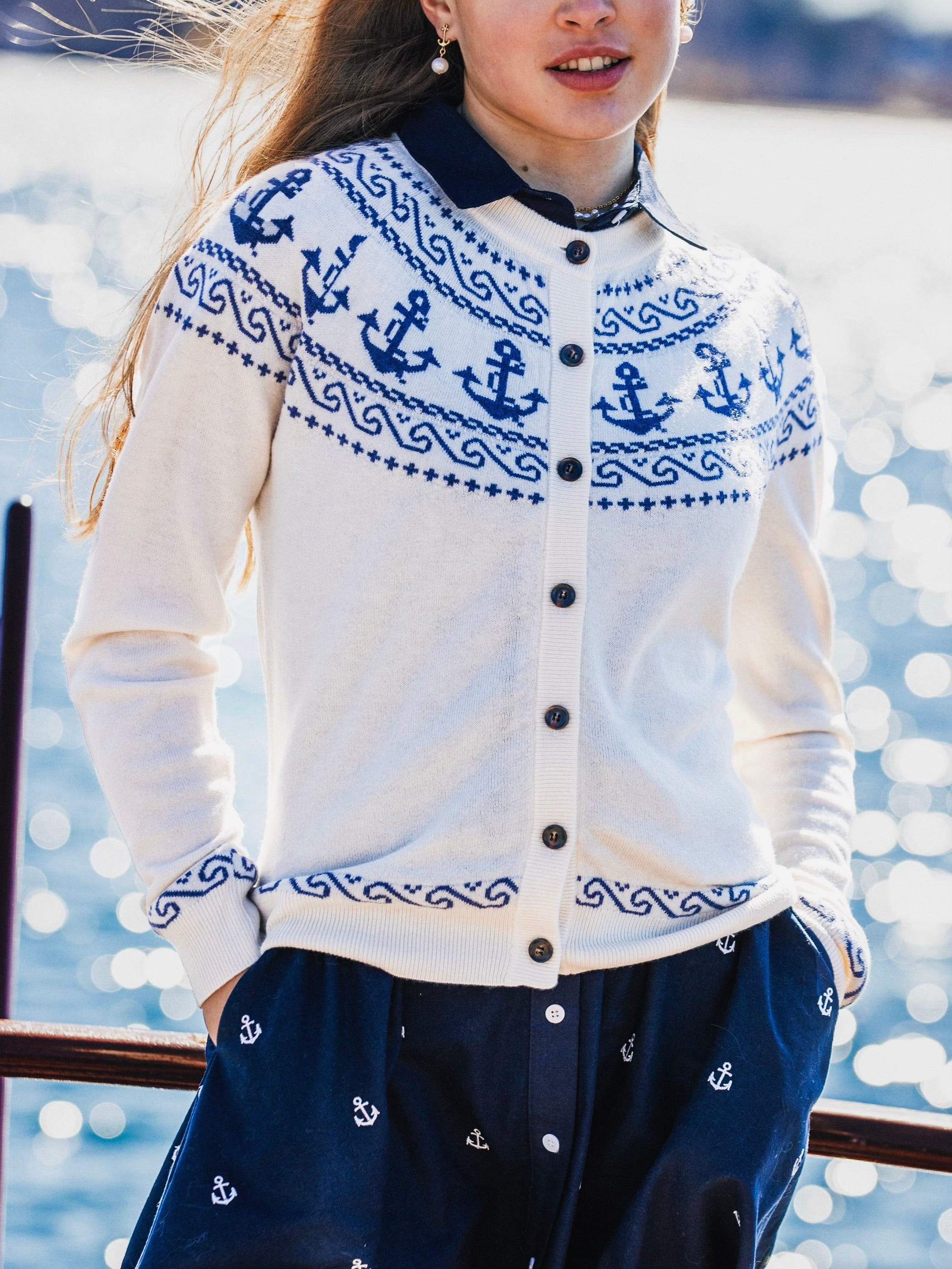 KJP Women's Atlantic Anchor Merino Wool Cardigan in Blue and White