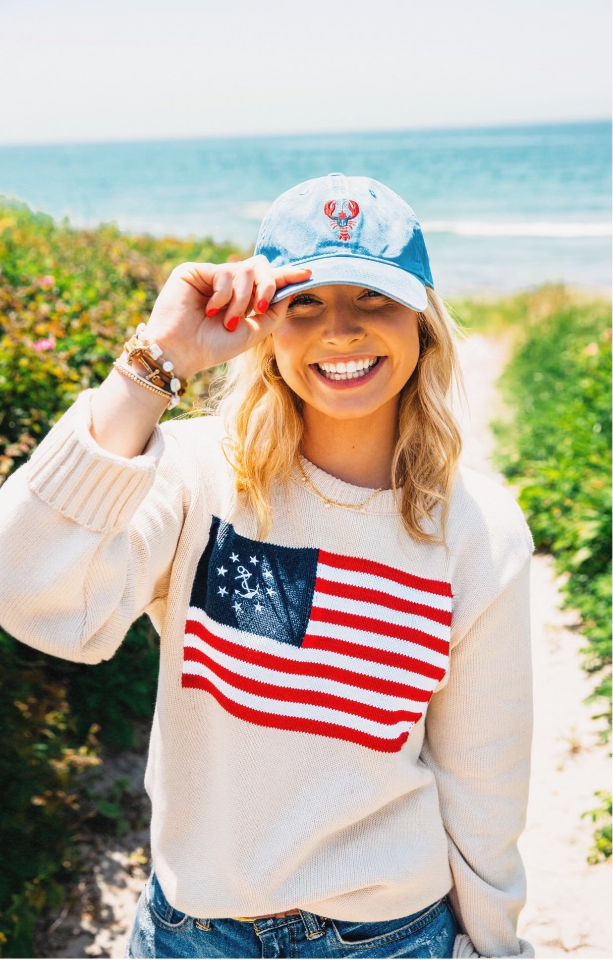 トップス MASU MARBLE FLAG SWEATER KJP American Yacht Flag Crewneck Intarsia Sweater in Cream