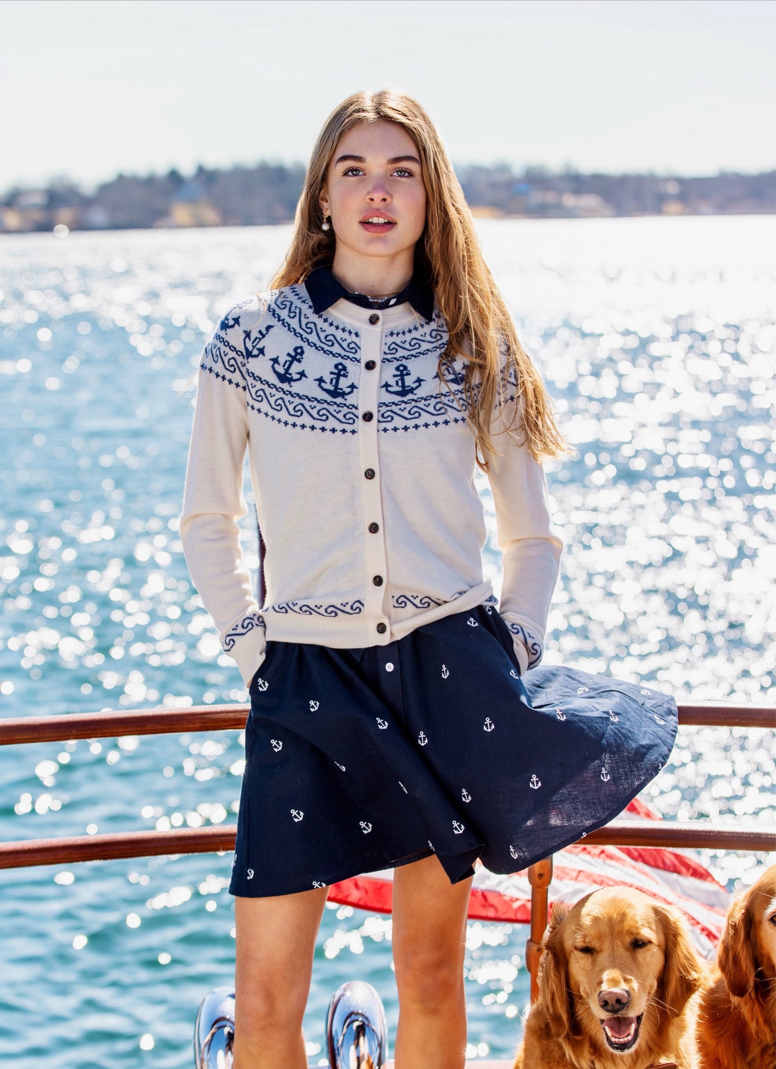 KJP Women's Atlantic Anchor Merino Wool Cardigan in Blue and White