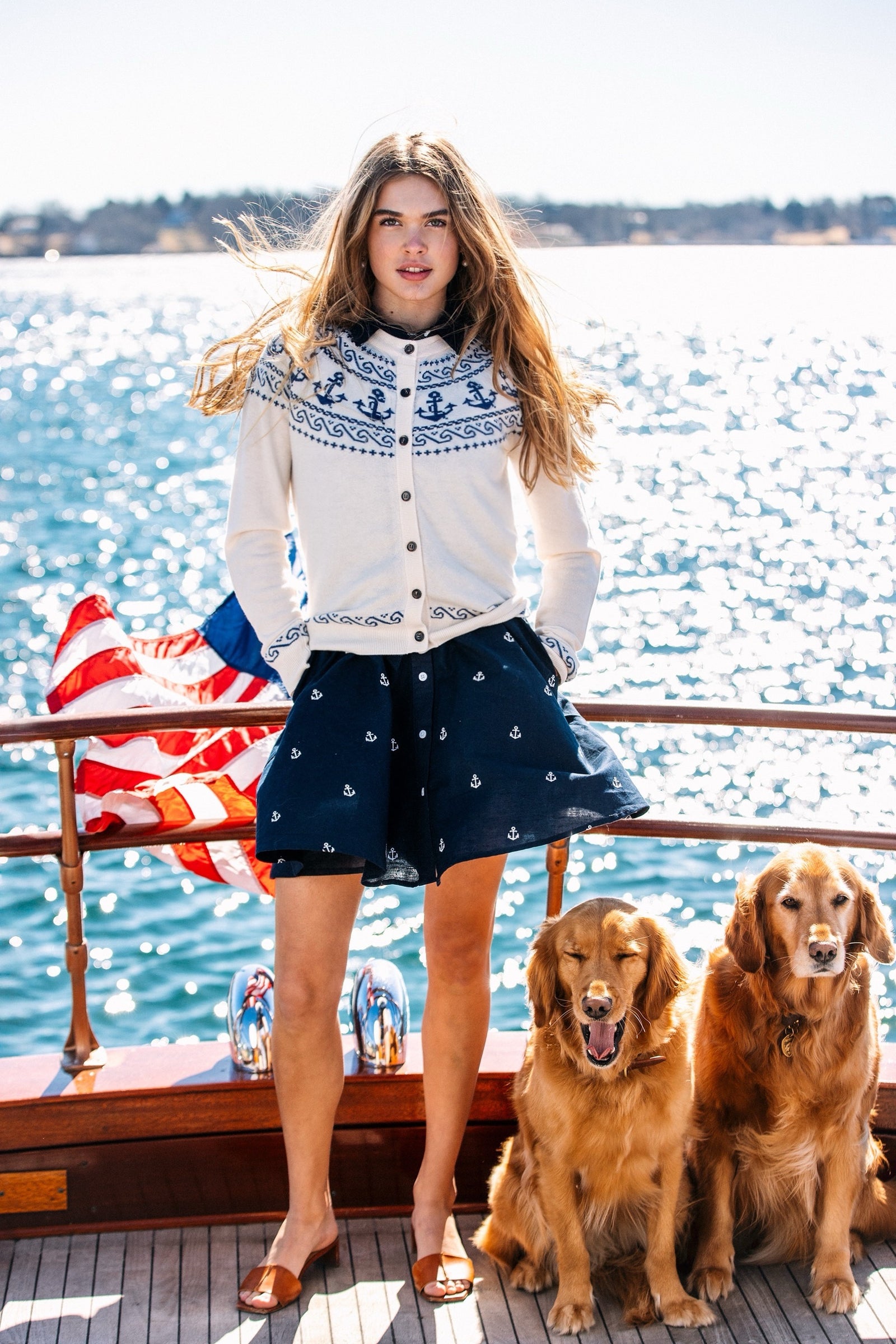 KJP Women's Atlantic Anchor Merino Wool Cardigan in Blue and White