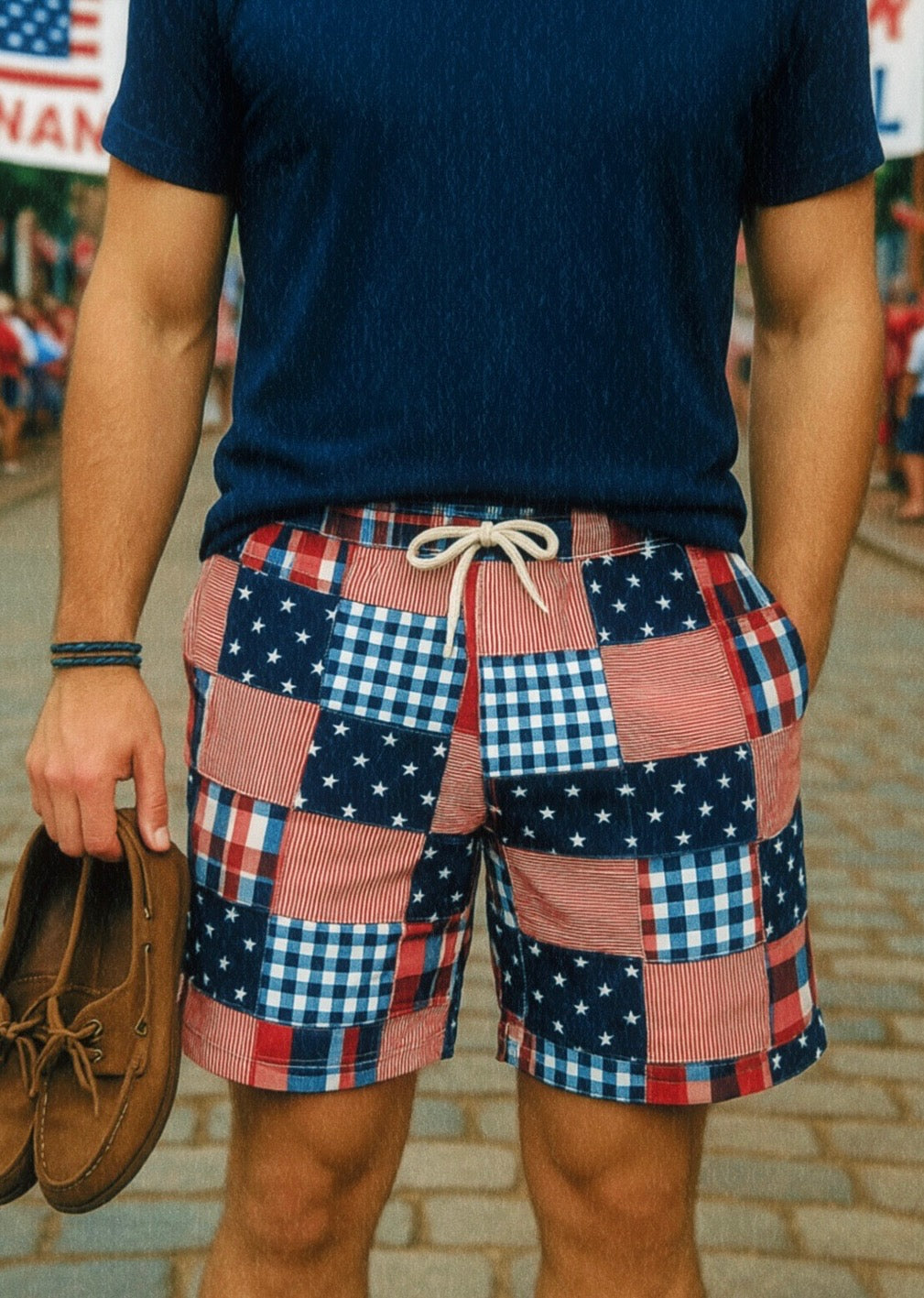 Americana Patchwork Drawstring Shorts