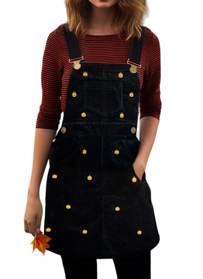 Jack-o'-Lantern Embroidered Corduroy Jumper Dress