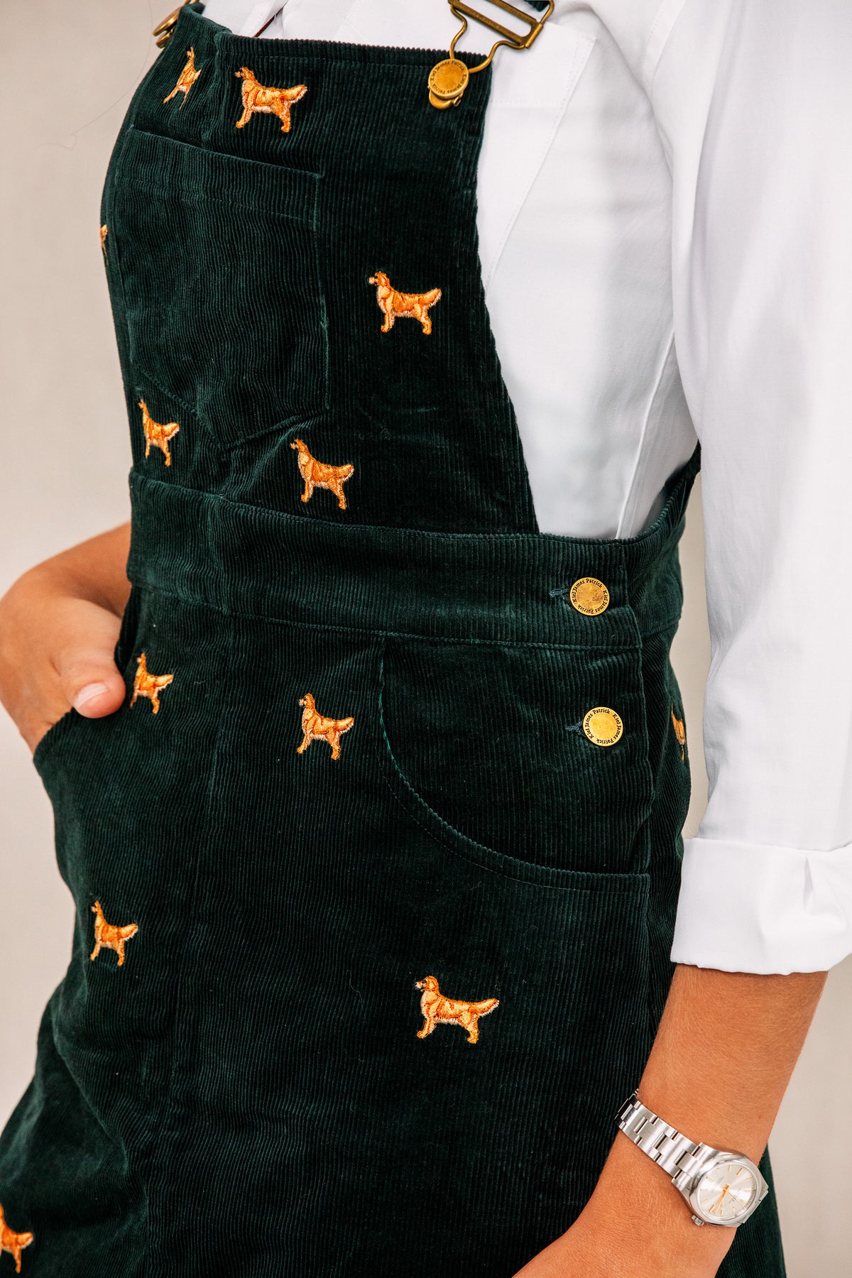 American Retriever Embroidered Corduroy Jumper Dress in Green
