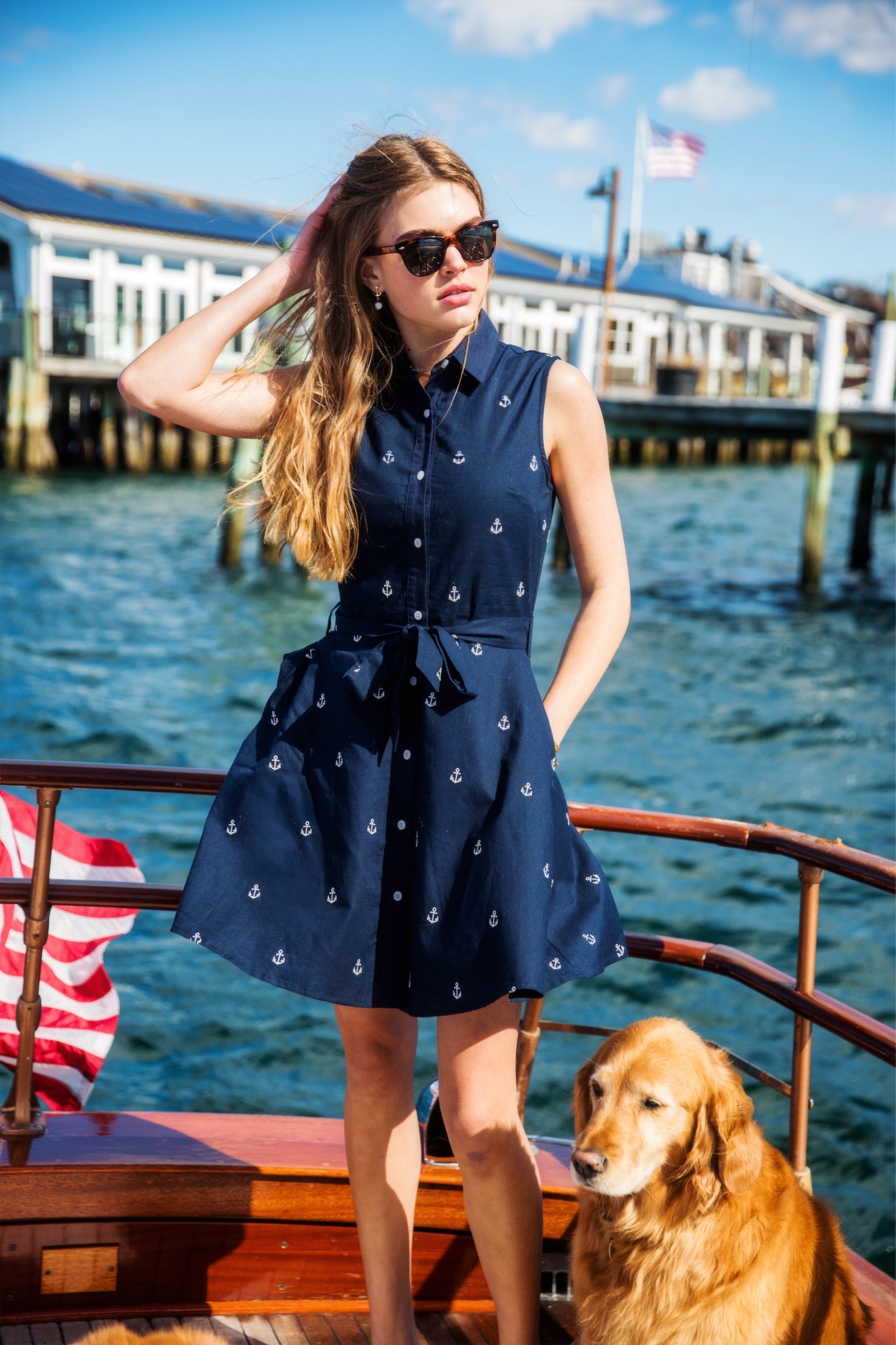 KJP Women's Cape Anchor Embroidered Belted Dress in Navy Blue XL