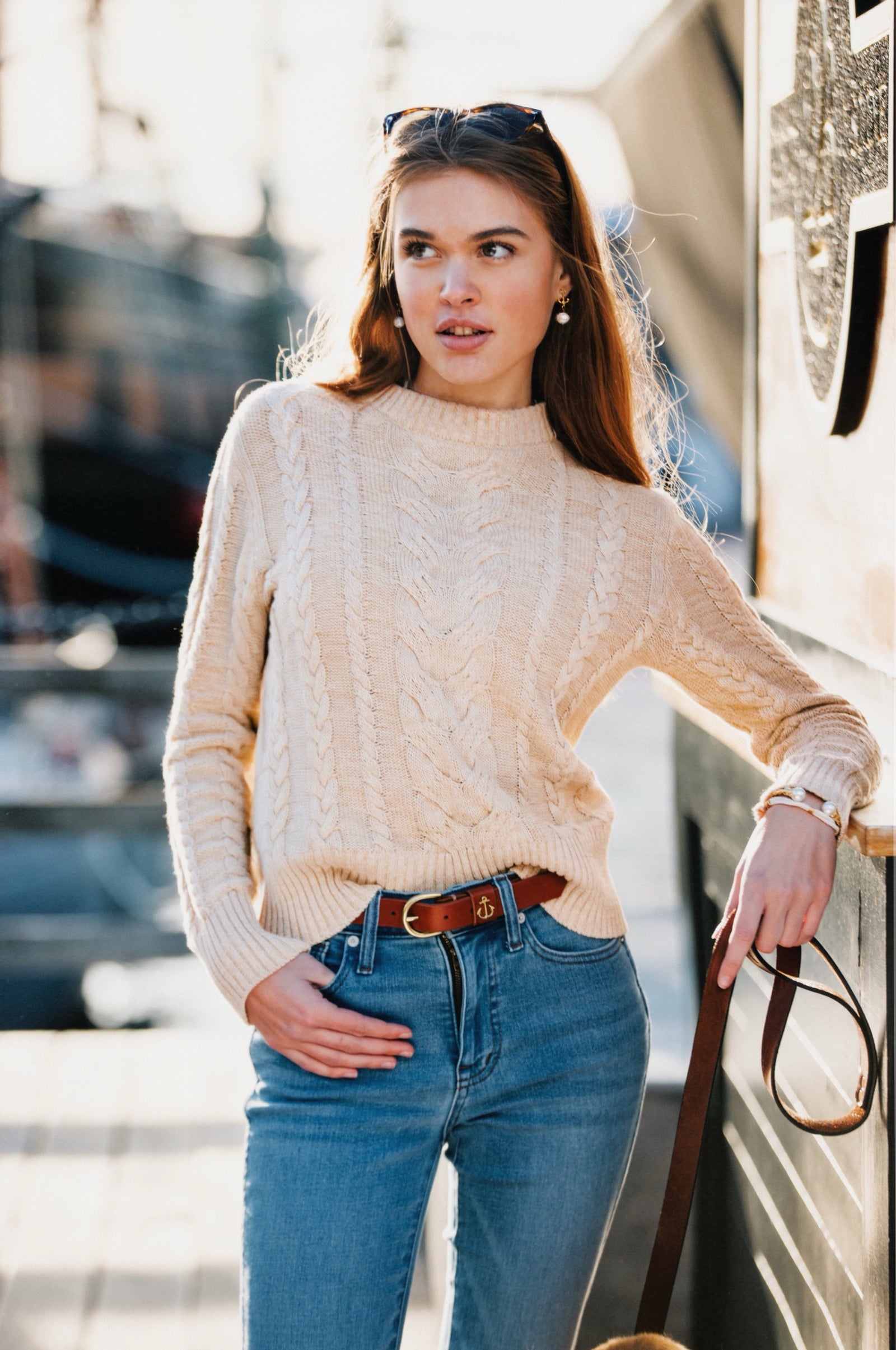 KJP Women's Sailor Cable Knit Crewneck Cotton Sweater in Cream
