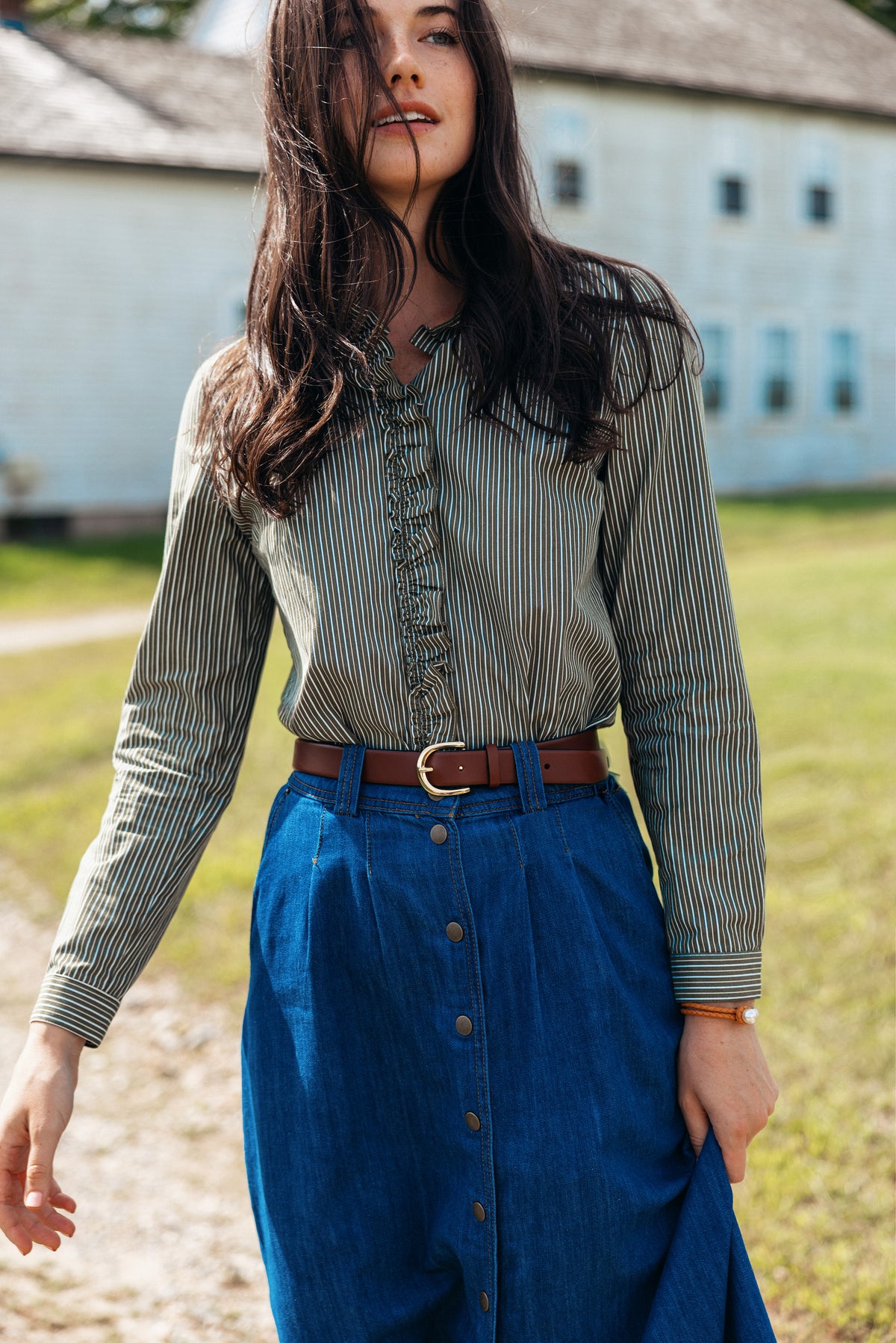 Heritage Stripe Ruffle Shirt in Moss