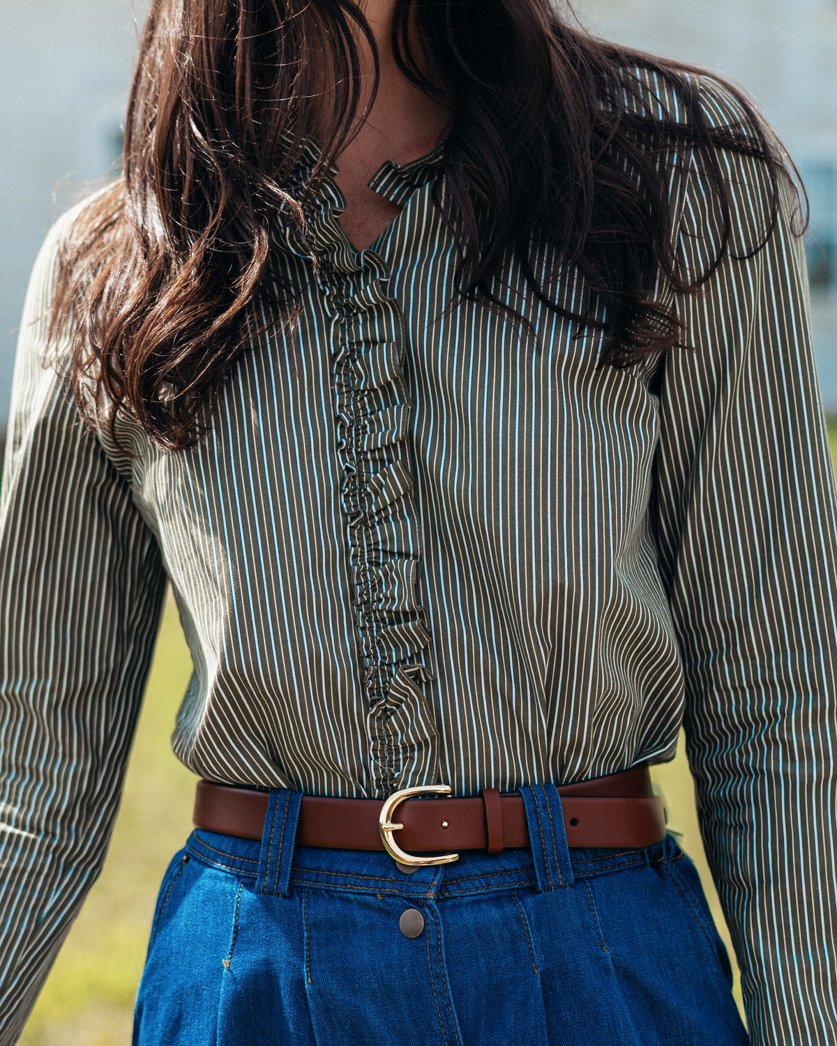 Heritage Stripe Ruffle Shirt in Moss