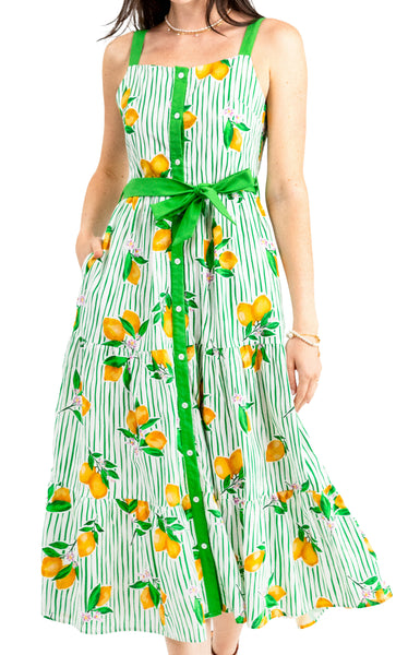 open lace back dress KJP Women's Lemon Grove Belted Maxi Dress in White and Green 2