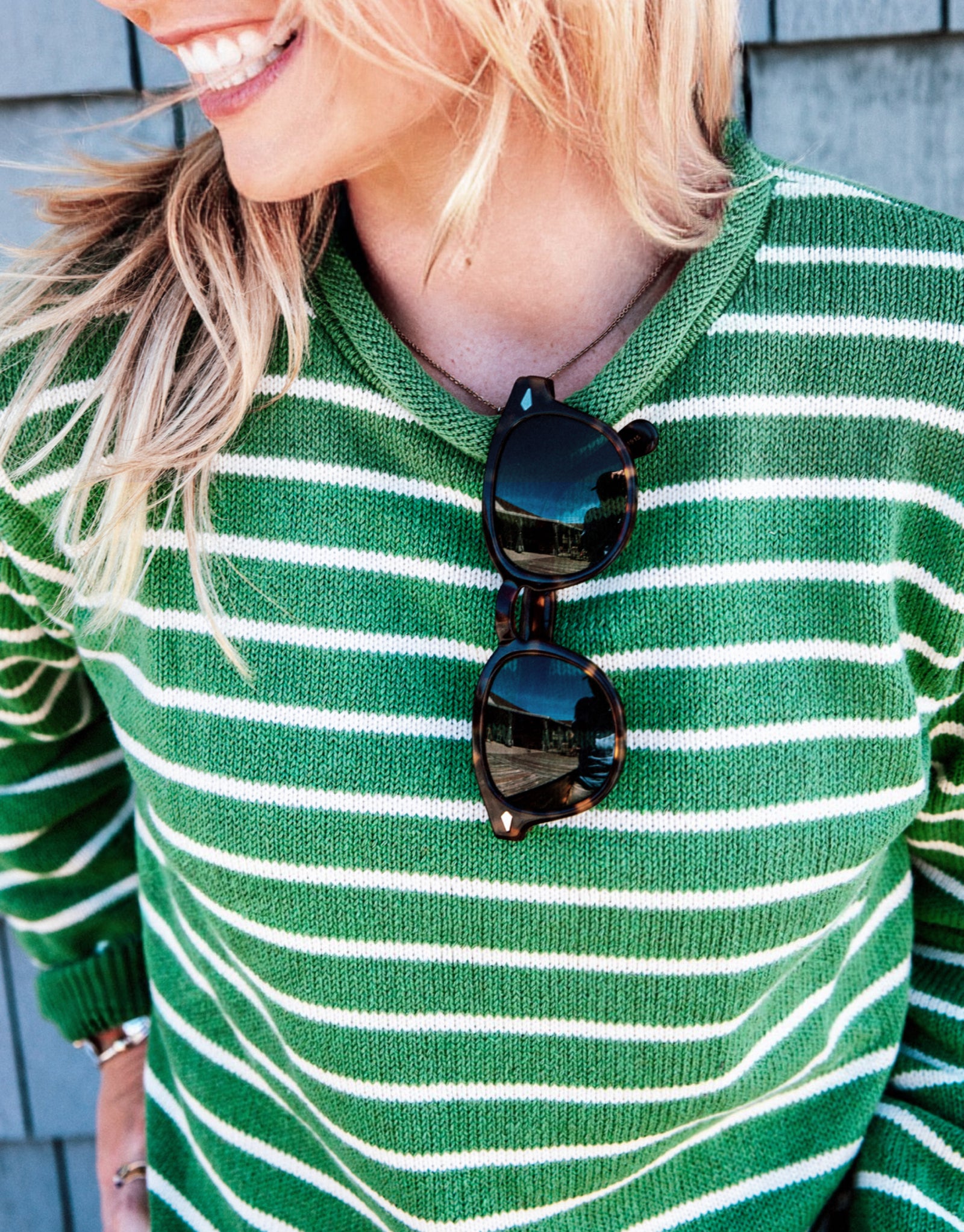 KJP Women's Harbor Cotton Rollneck Sweater in Green and White