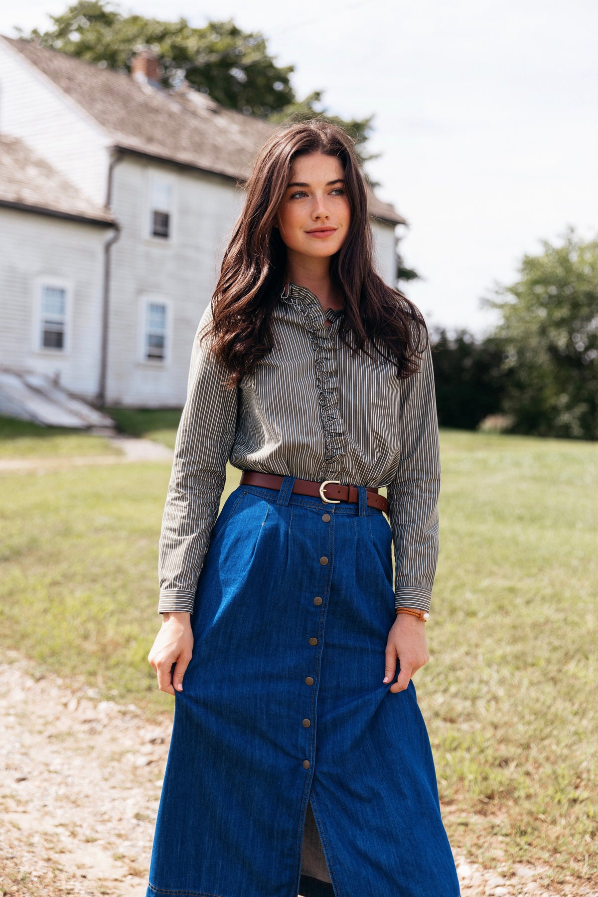 Heritage Stripe Ruffle Shirt in Moss