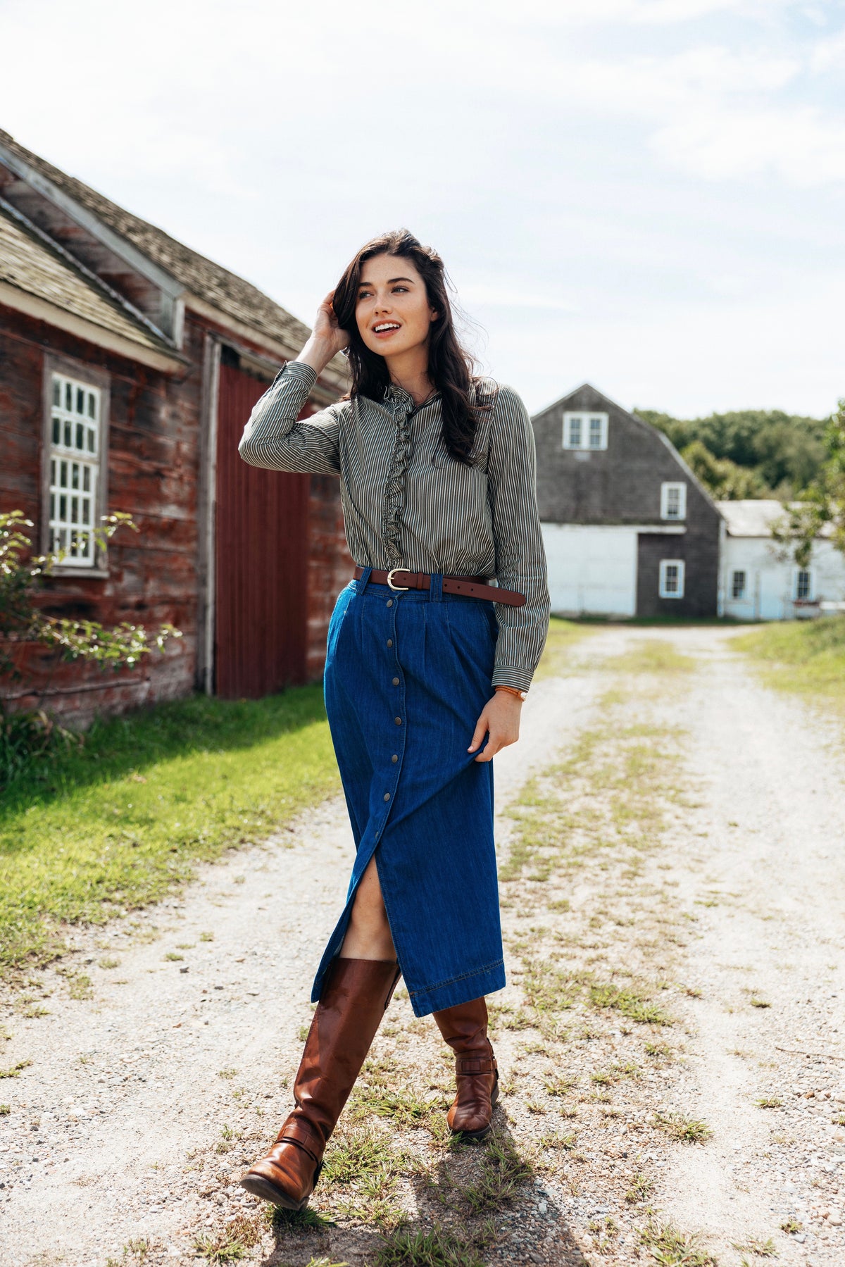 Heritage Stripe Ruffle Shirt in Moss