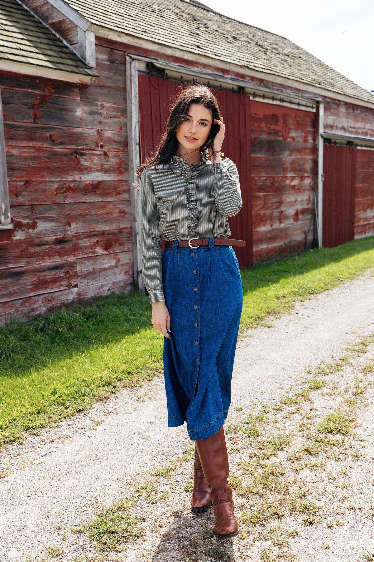 Heritage Stripe Ruffle Shirt in Moss