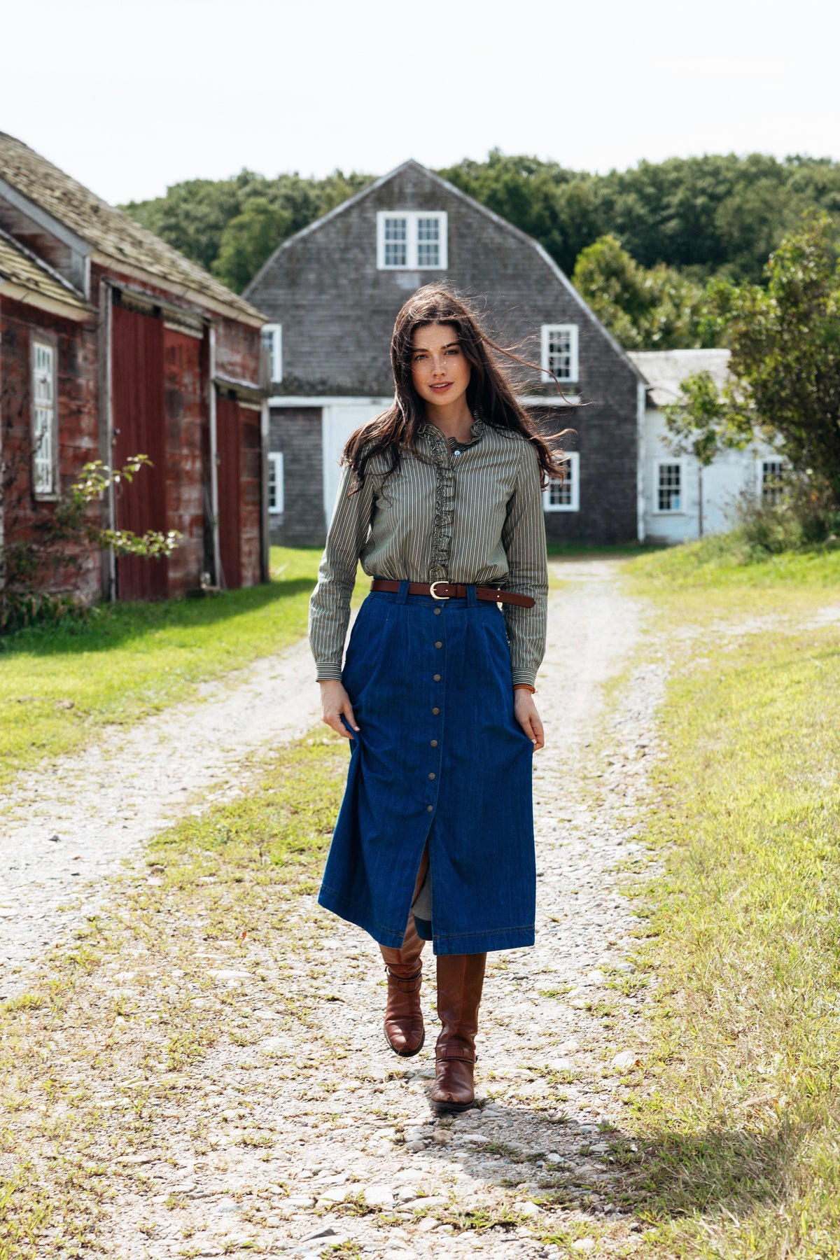 Heritage Stripe Ruffle Shirt in Moss