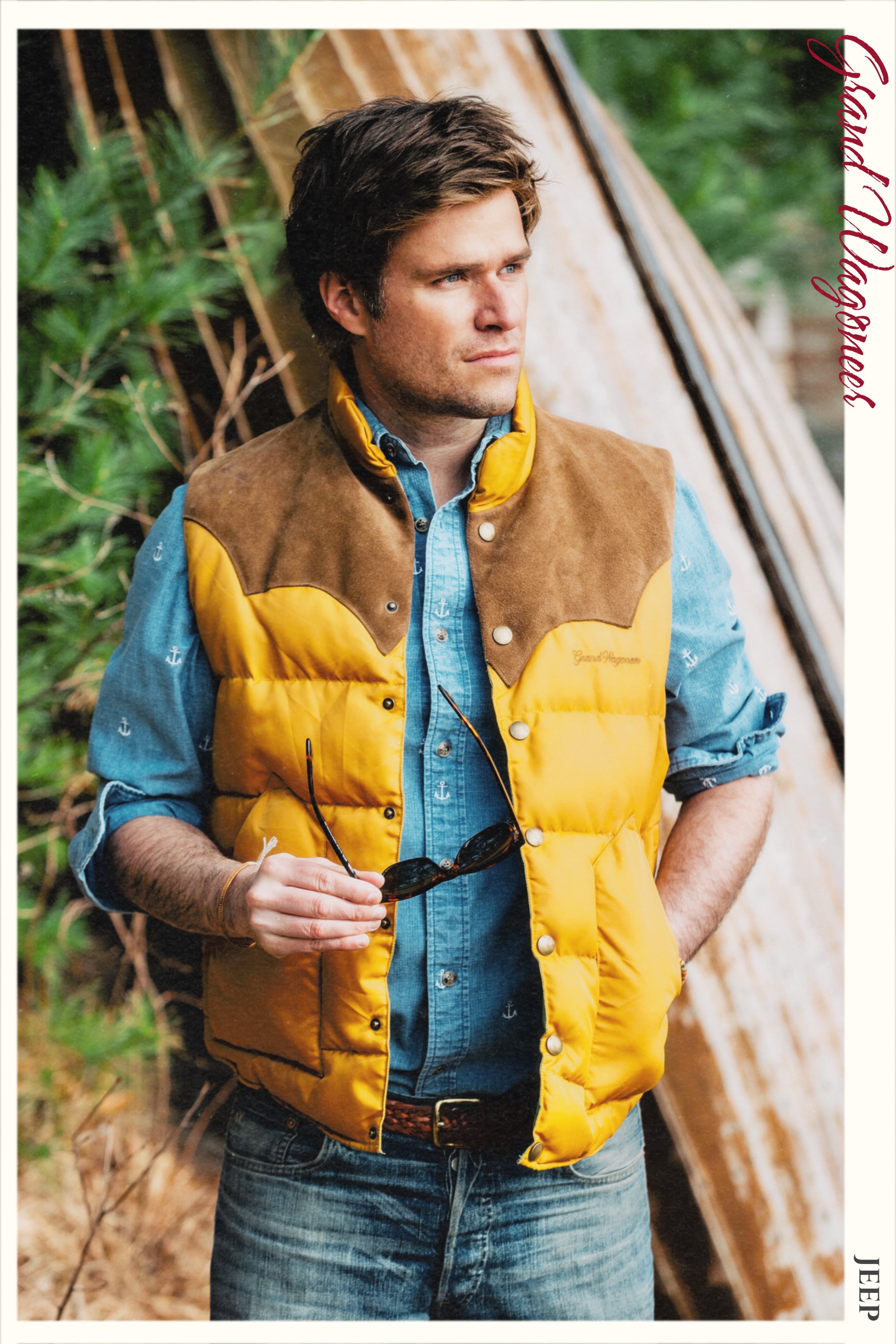 Jeep® x KJP Men's Grand Wagoneer Puffer Vest with Suede Yolk in Tan