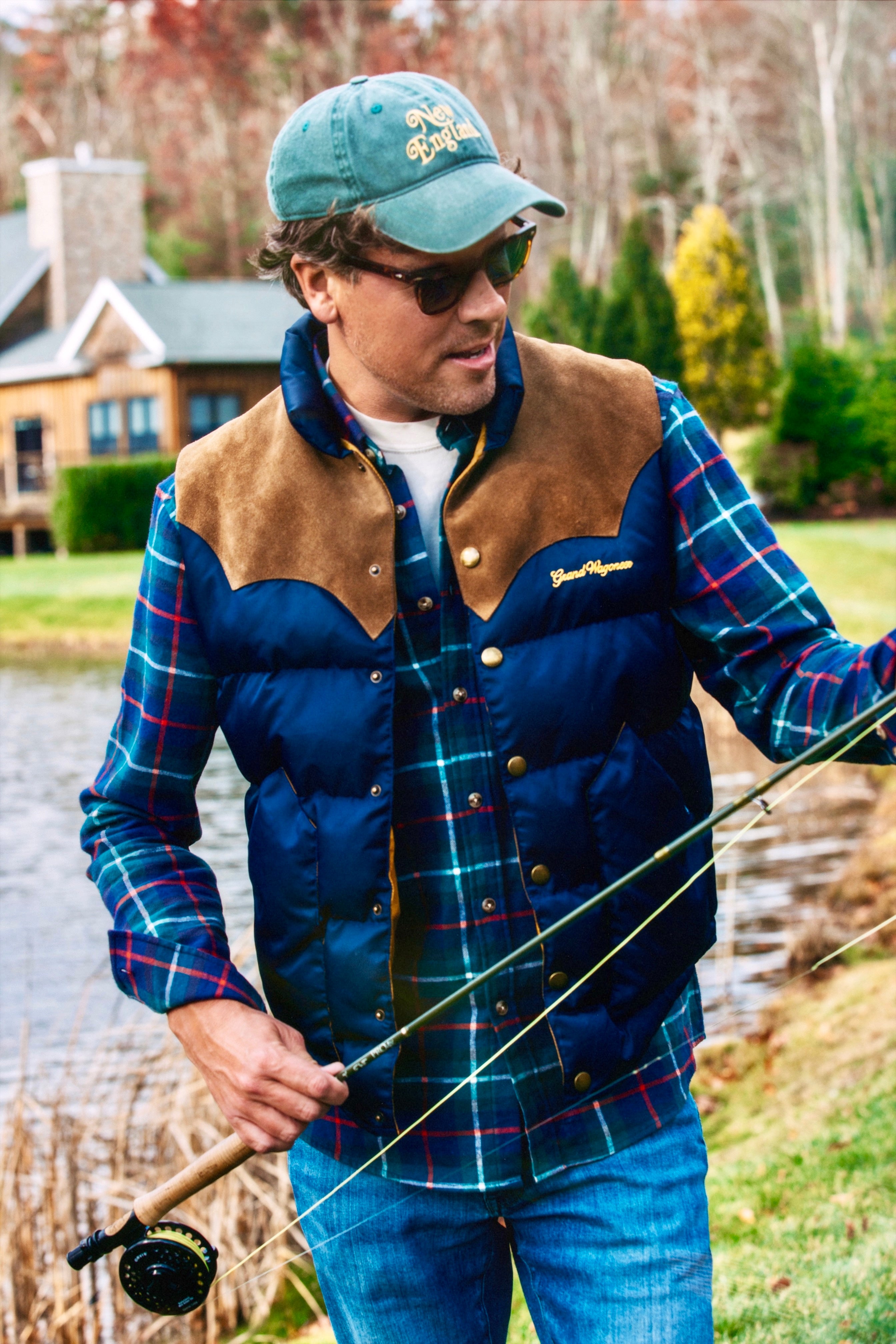 Jeep® x KJP Men's Grand Wagoneer Puffer Vest with Suede Yolk in Blue