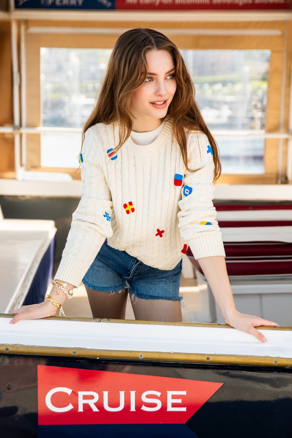KJP Women's Nautical Flag Embroidered Cable Knit Cotton Sweater in