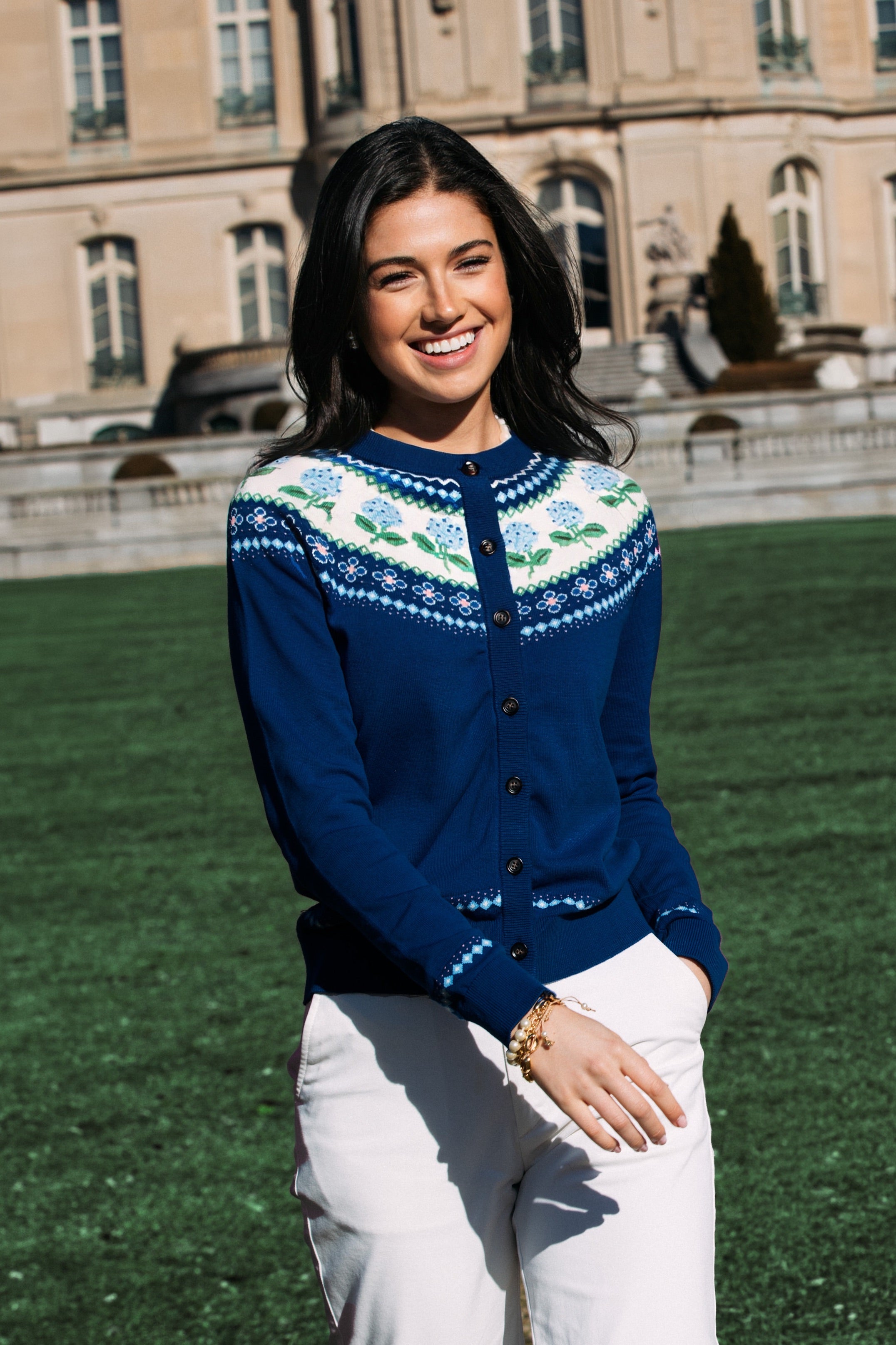 KJP Women's Nantucket Hydrangea Fair Isle Cardigan Sweater in Navy