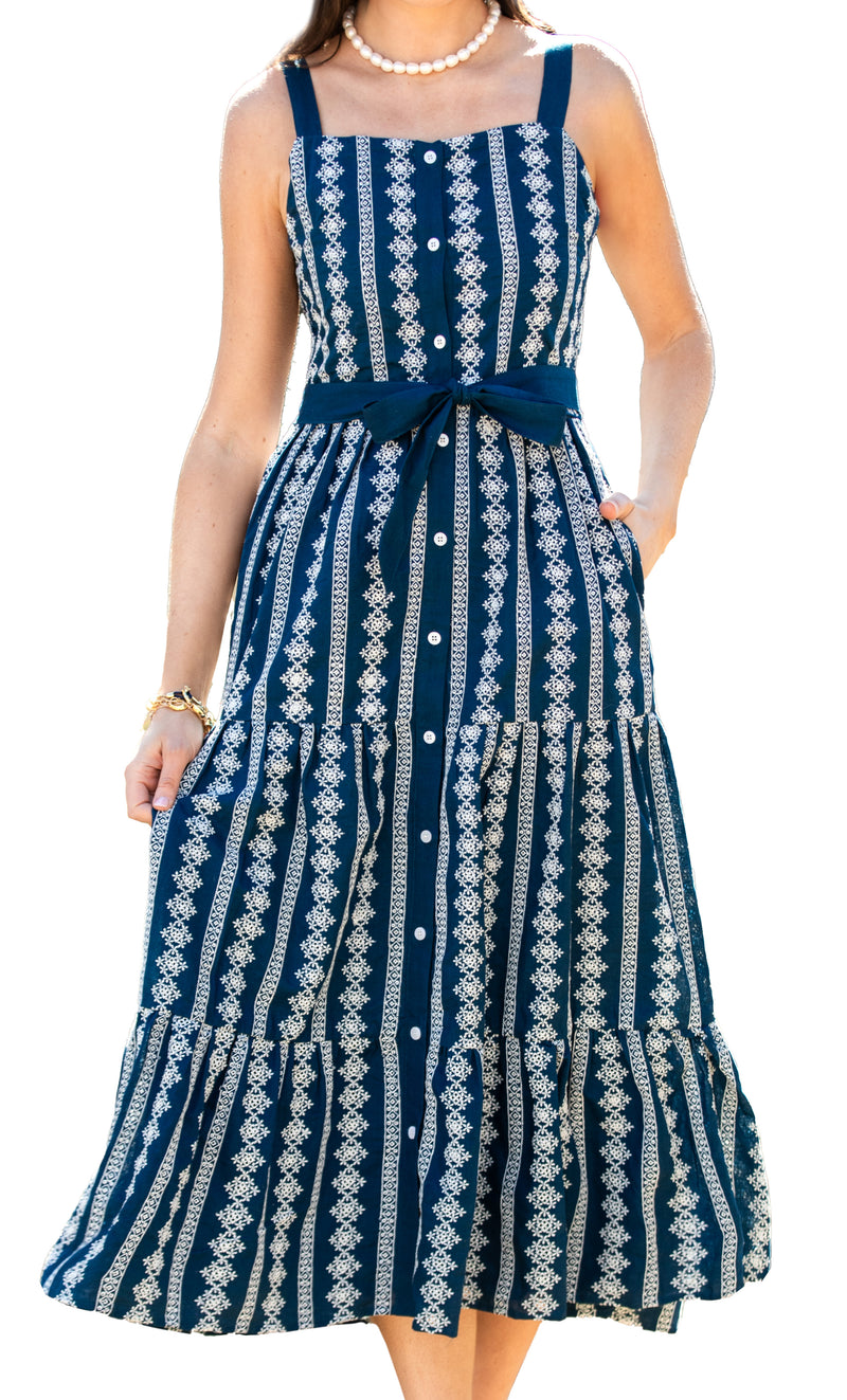KJP Women's Isabella Floral Embroidered Smocked Maxi in Navy Blue Kiel James Patrick KJP Women's Isabella Floral Embroidered Smocked Maxi in Navy Blue Kiel James Patrick
