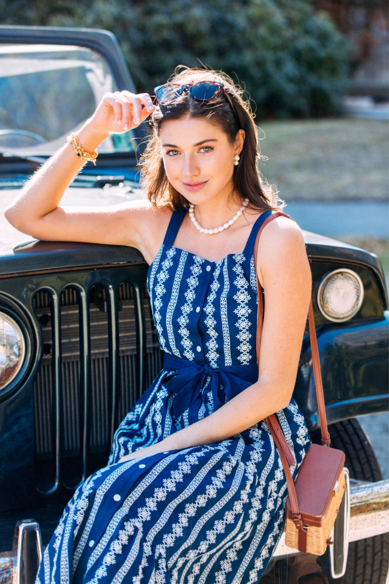 KJP Women's Isabella Floral Embroidered Smocked Maxi in Navy Blue Kiel James Patrick KJP Women's Isabella Floral Embroidered Smocked Maxi in Navy Blue Kiel James Patrick