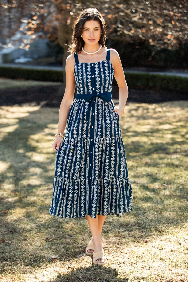 KJP Women's Isabella Floral Embroidered Smocked Maxi in Navy Blue Kiel James Patrick KJP Women's Isabella Floral Embroidered Smocked Maxi in Navy Blue Kiel James Patrick