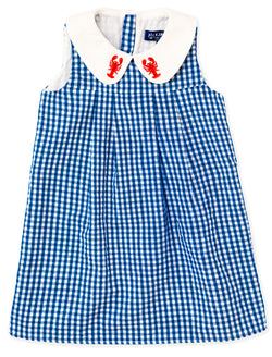 KJP Kid's Diane Gingham Embroidered Lobster Sleeveless Shift Dress Kiel James Patrick KJP Kid's Diane Gingham Embroidered Lobster Sleeveless Shift Dress Kiel James Patrick