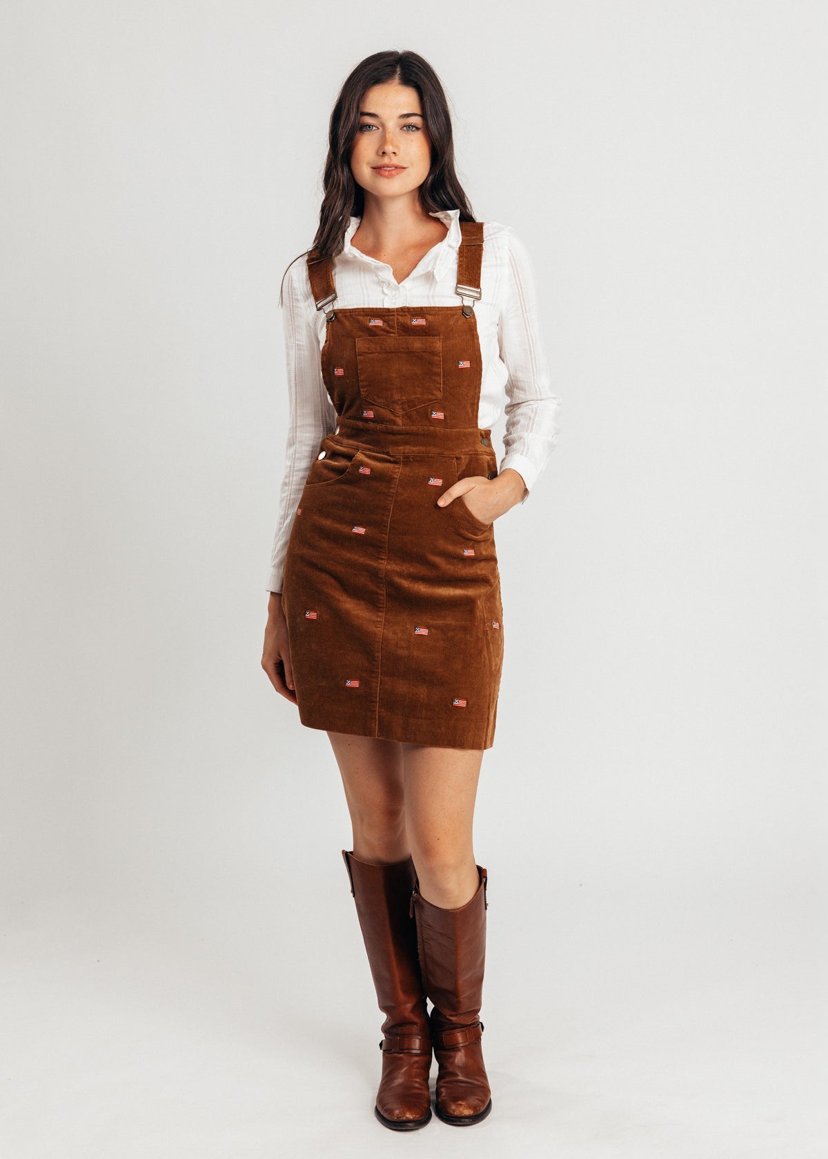 American Flag Embroidered Corduroy Jumper Dress