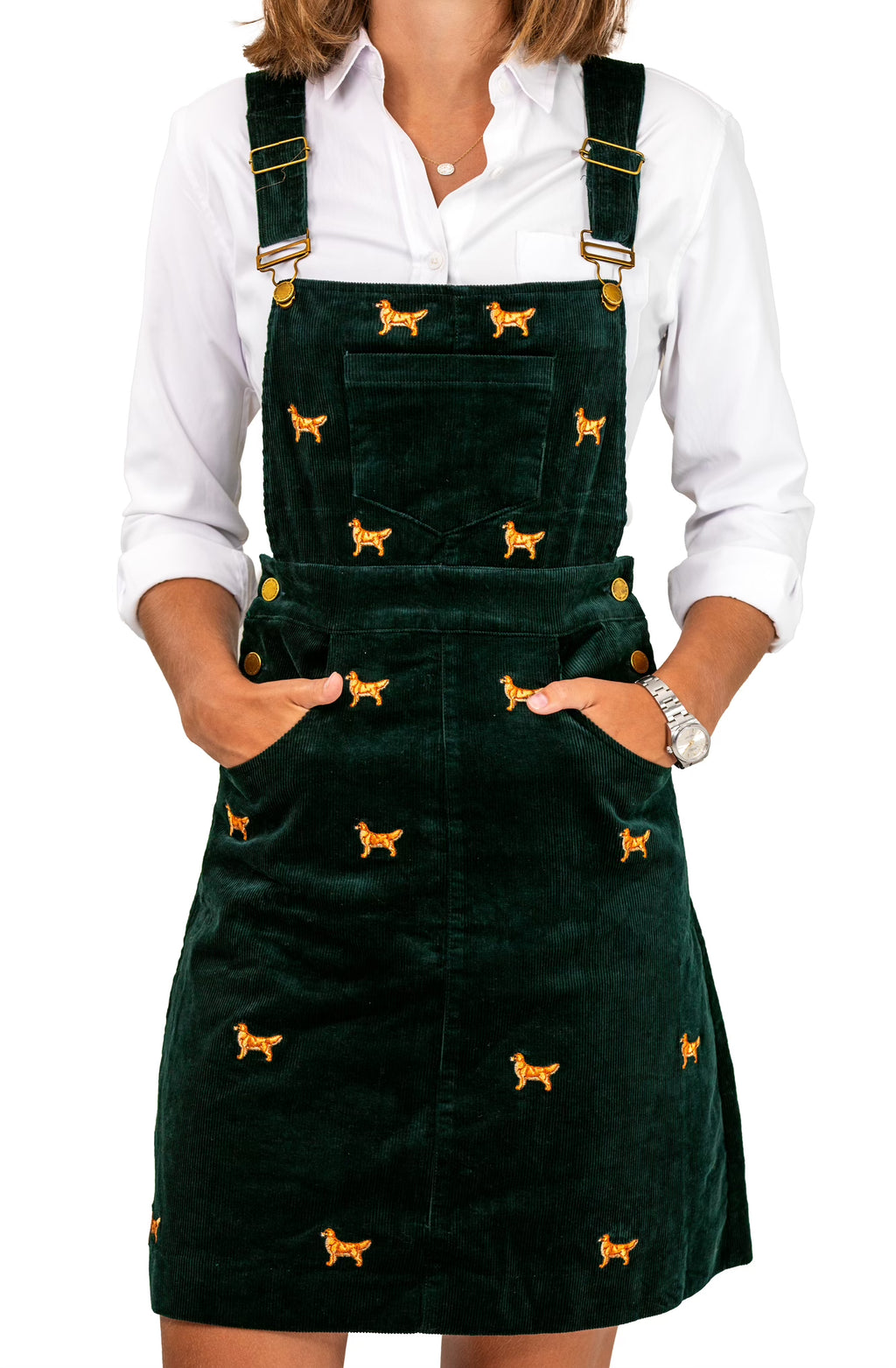 KJP Women's American Retriever Embroidered Corduroy Jumper Dress L