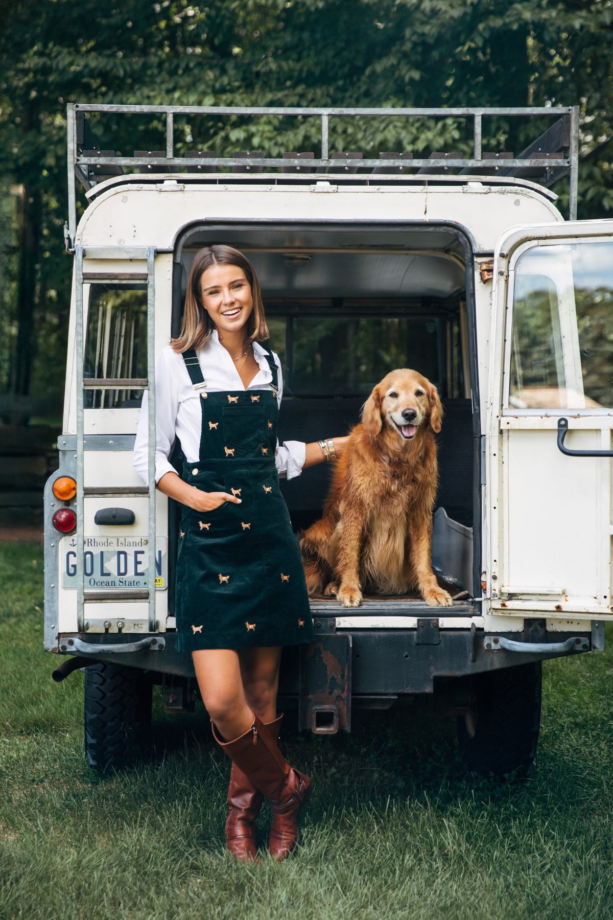 American Retriever Embroidered Corduroy Jumper Dress in Green