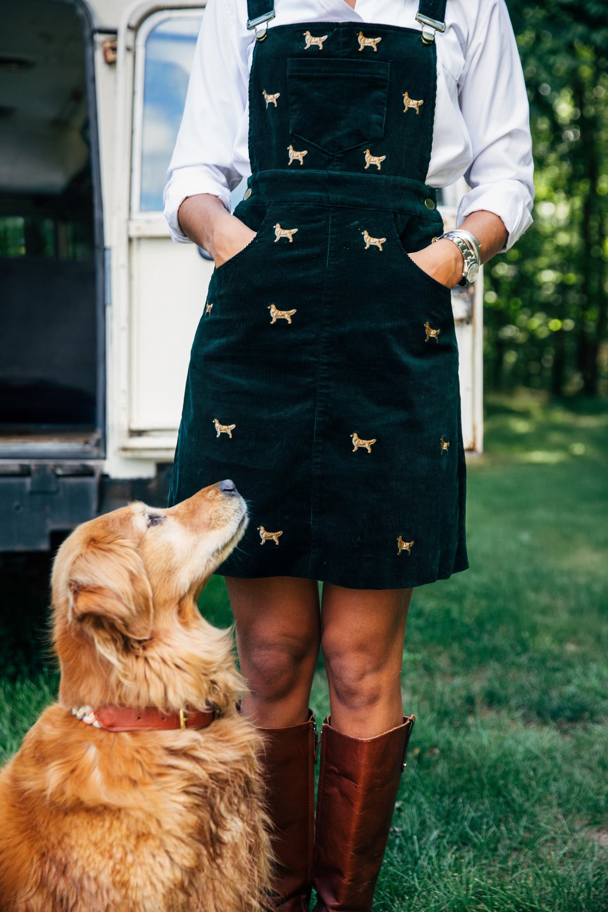 American Retriever Embroidered Corduroy Jumper Dress in Green