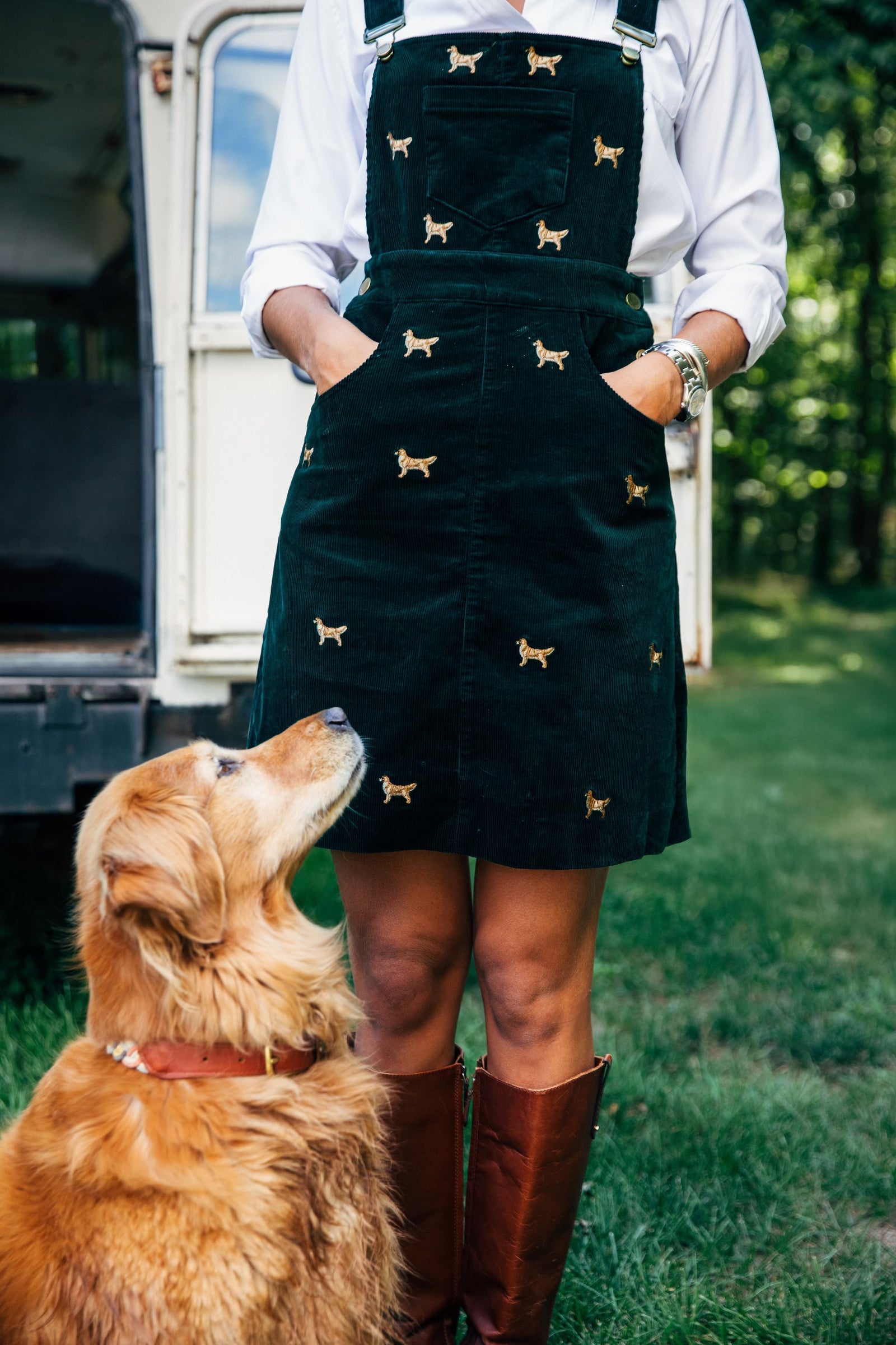 KJP Women's American Retriever Embroidered Corduroy Jumper Dress Kiel James Patrick KJP Women's American Retriever Embroidered Corduroy Jumper Dress Kiel James Patrick