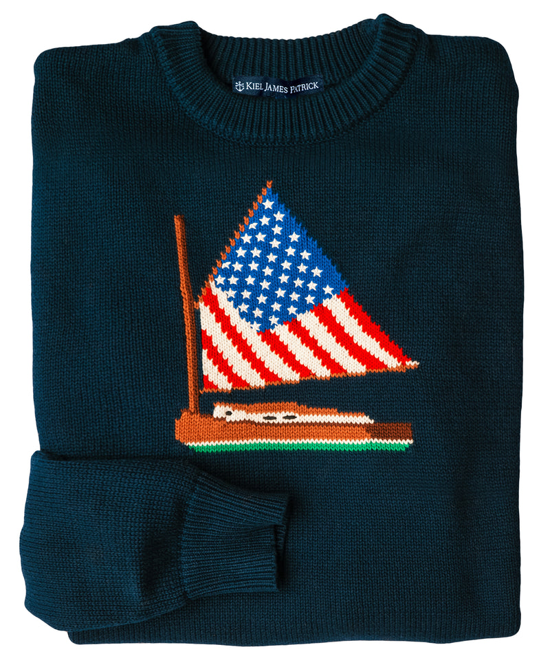 KJP Men's American Sail Intarsia Crewneck Cotton Sweater in Navy