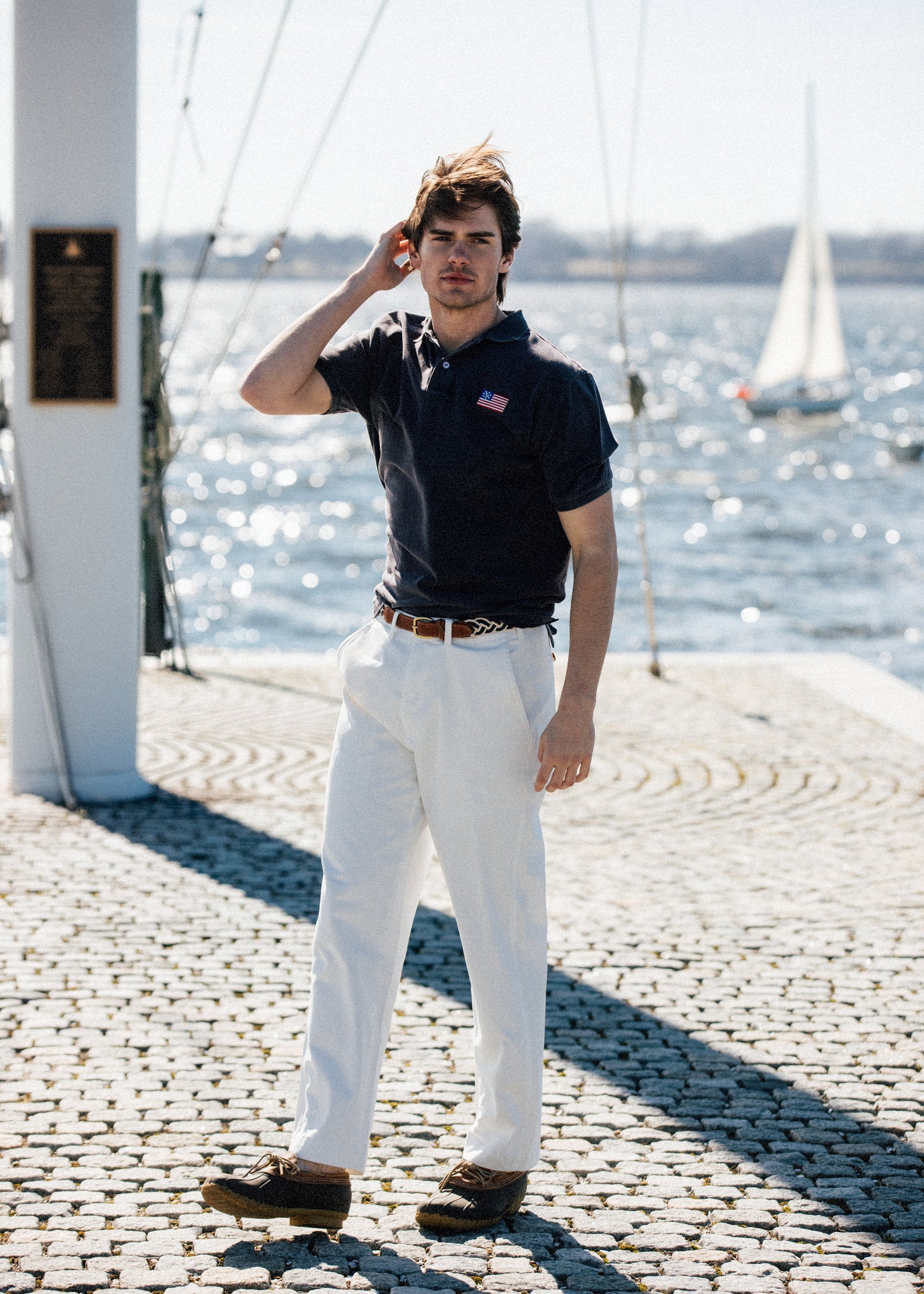 KJP Men's Embroidered American Yacht Flag Pique Polo Shirt in Navy Blue L