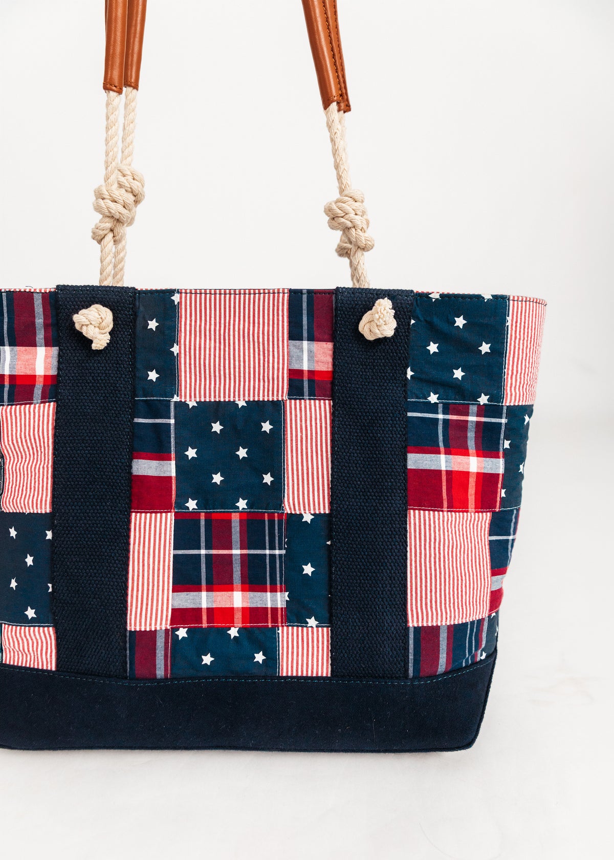 Tote bag with American flag pattern on a white background