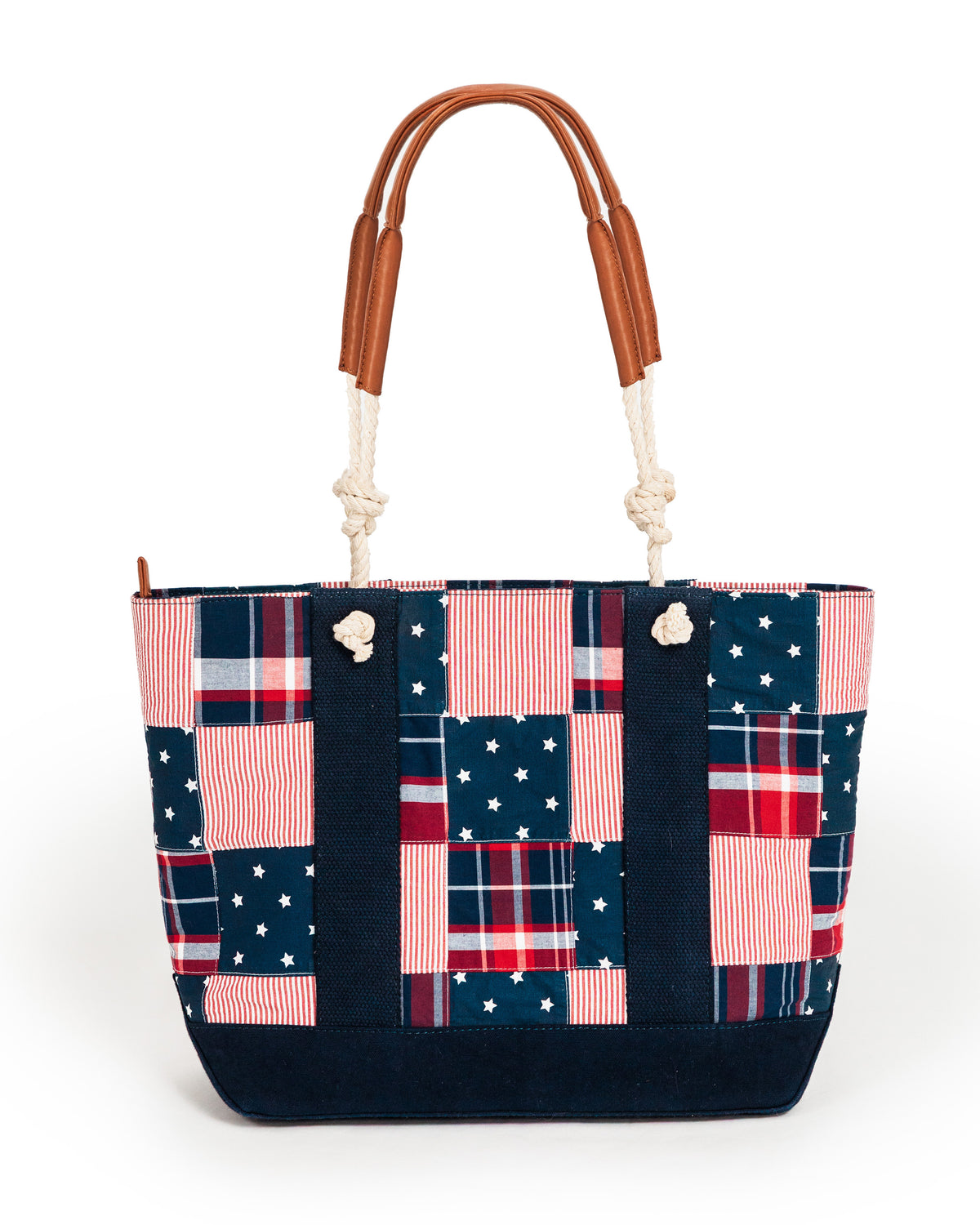 Patchwork tote bag with plaid and star pattern on a white background