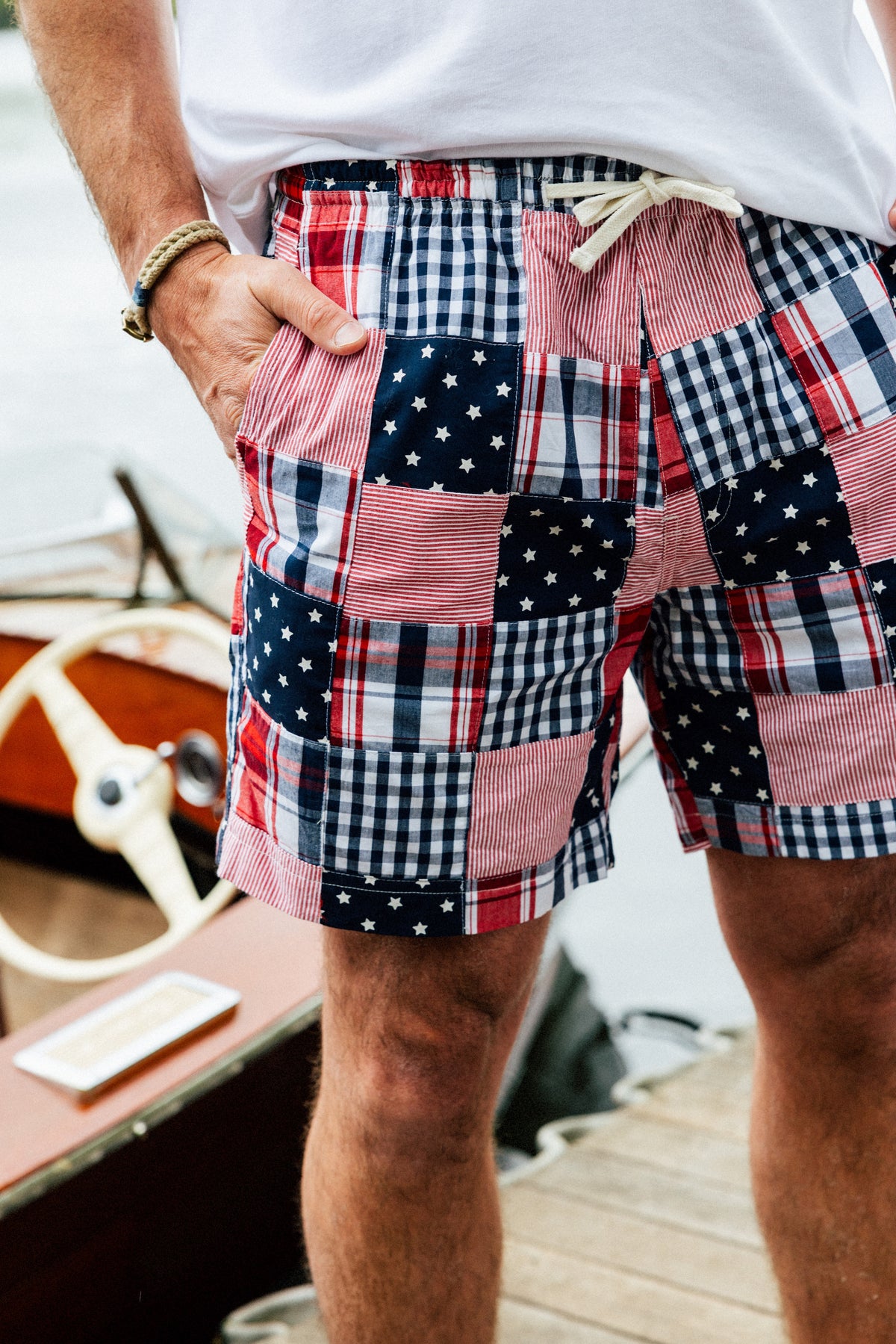 Americana Patchwork Madras Drawstring Shorts