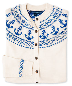 KJP Women's Atlantic Anchor Merino Wool Cardigan in Blue and White