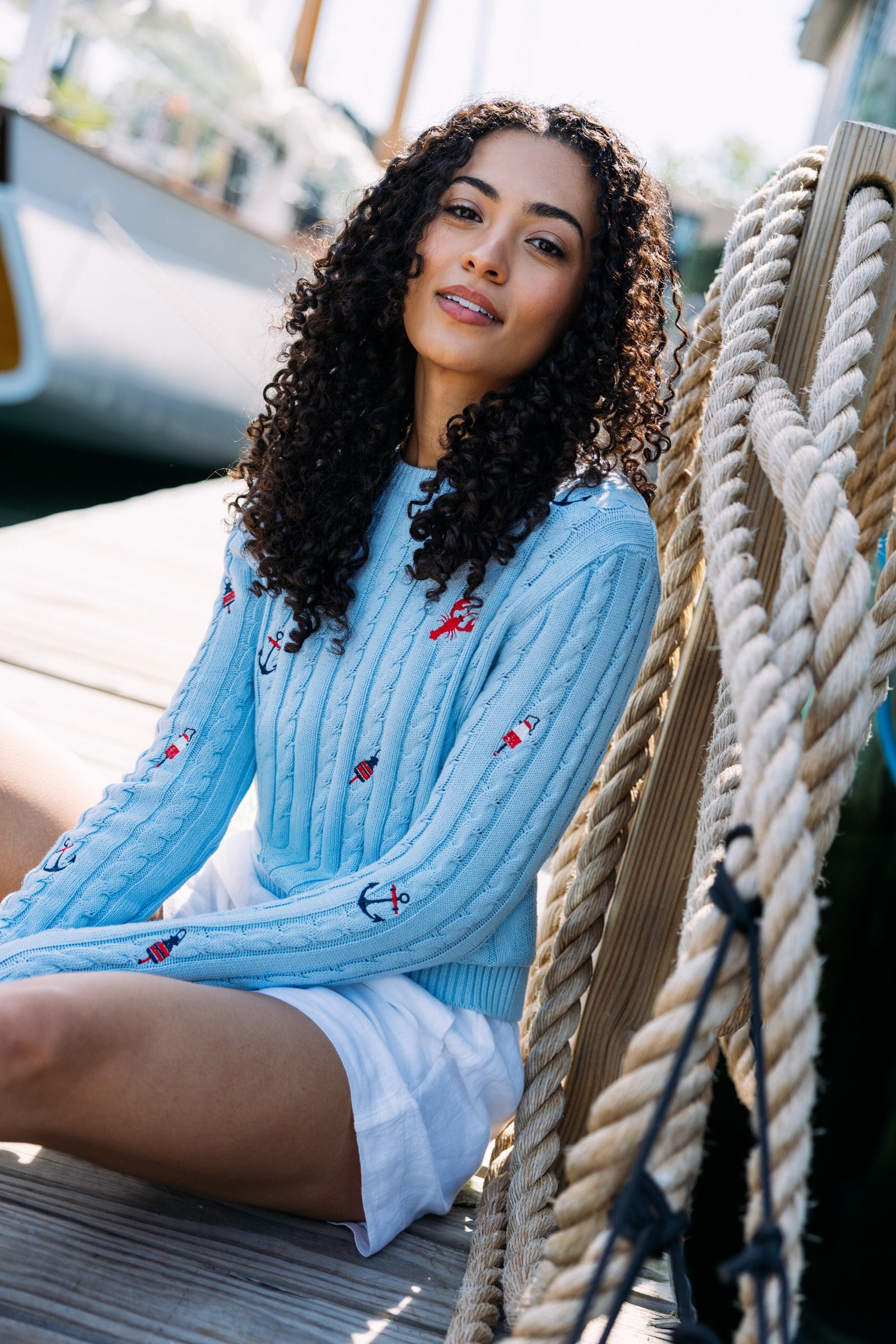 KJP Women's Atlantic Coast Embroidered Cable Knit Sweater in Blue
