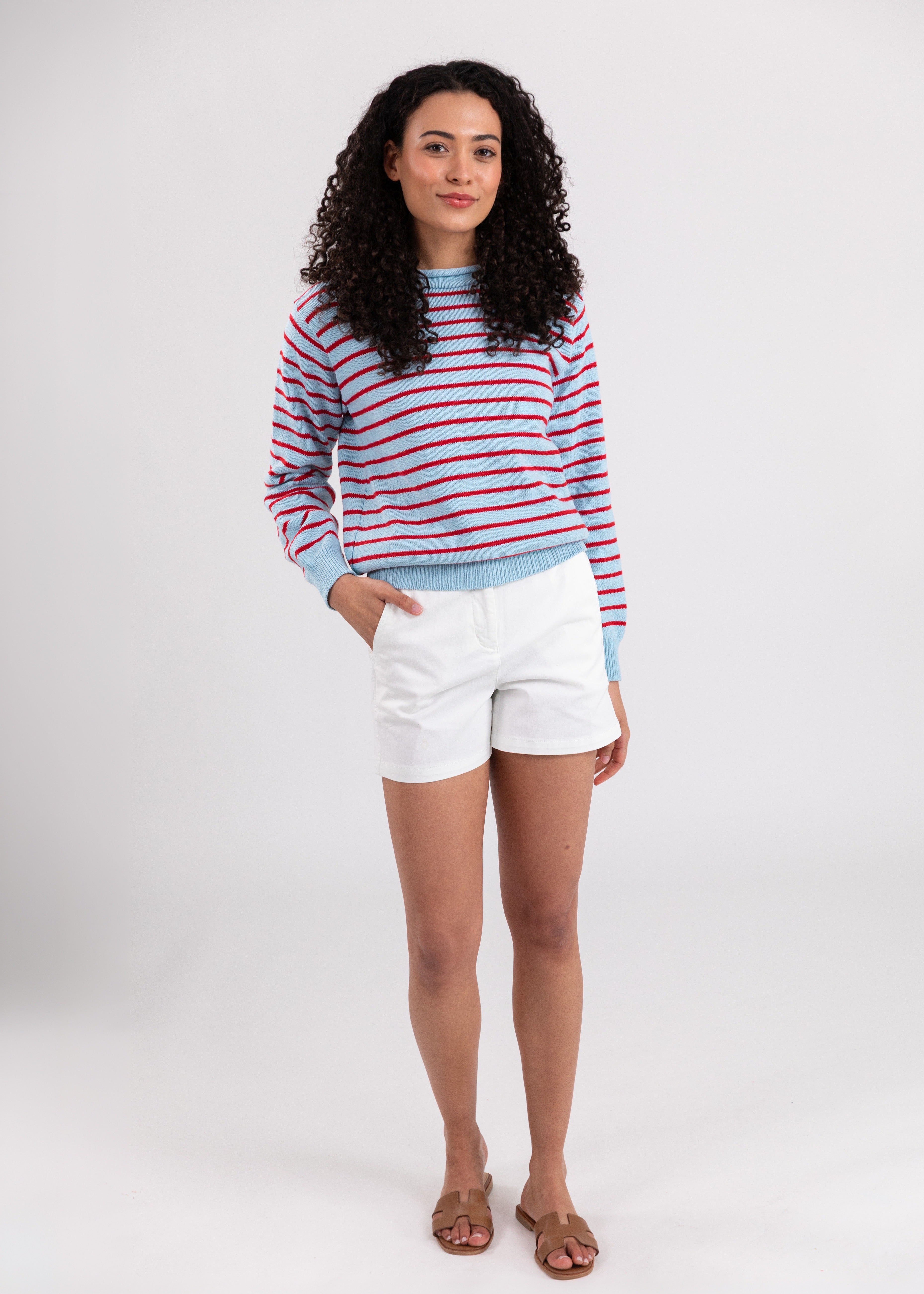 KJP Women's Blue Buoy Cotton Rollneck Sweater in Blue and Red Stripe