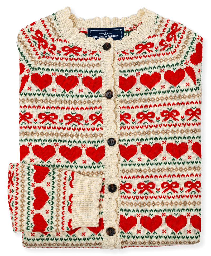 KJP Women's Bow & Heart Valentine's Day Fair Isle Cardigan Sweater