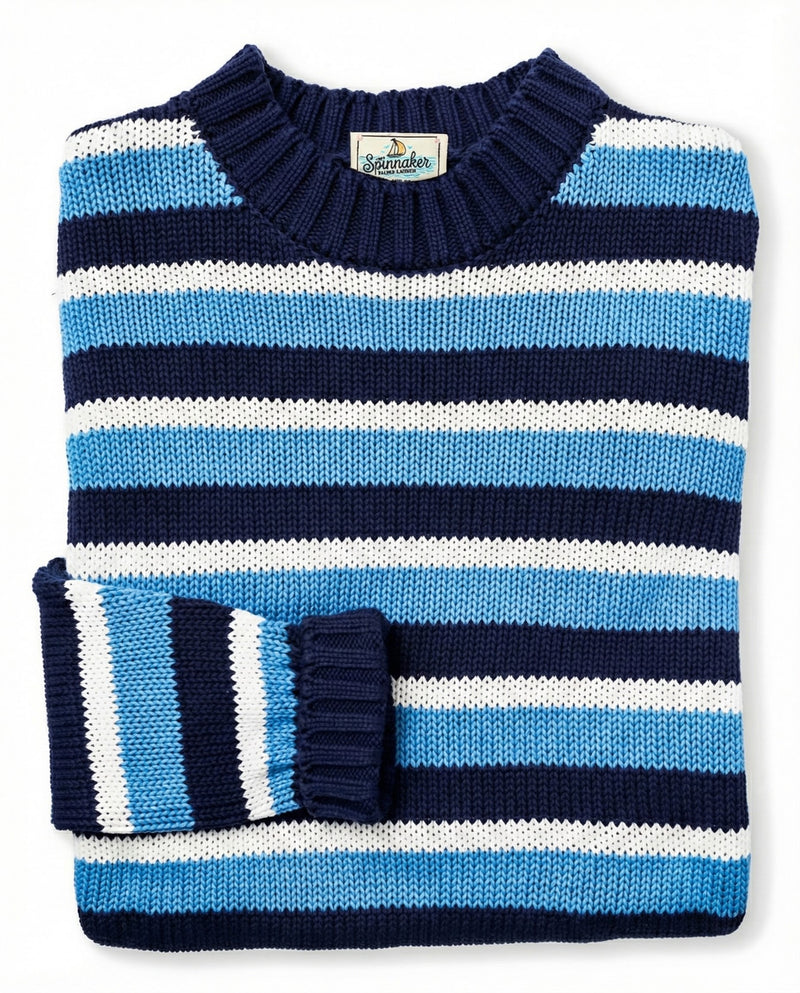 KJP Women's Breakwater Striped Cotton Sweater in Navy, White, and