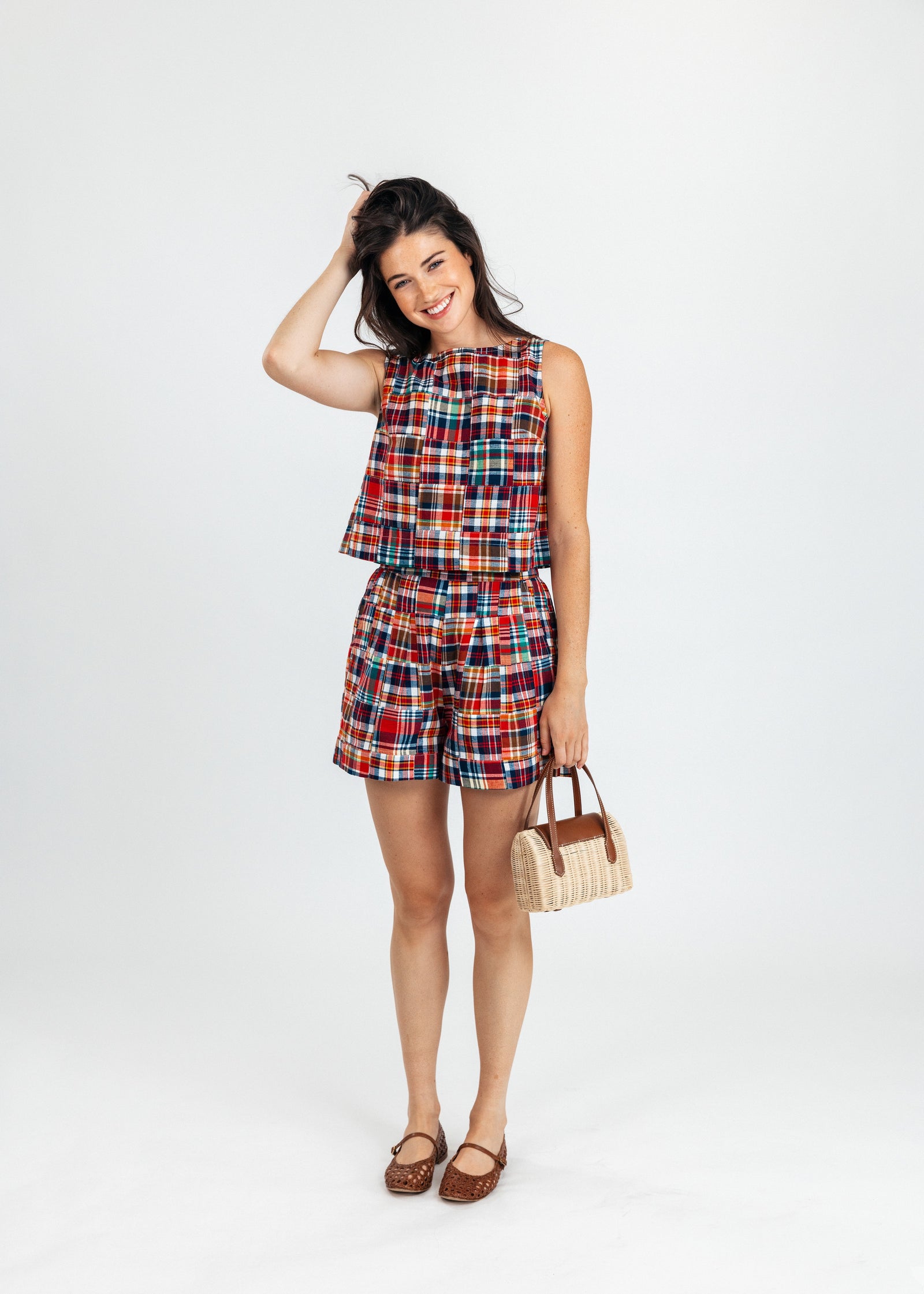 KJP Women's Bristol Patchwork Madras Elastic Waist Shorts in