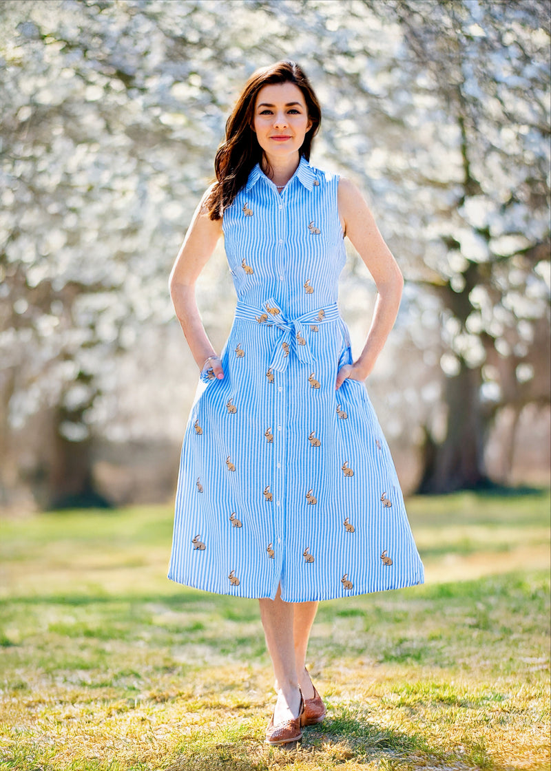 blue pattern shirt dress KJP Women's Bunny Meadow Embroidered Shirtdress in and White Stripe 16 Perfect for garden parties MCF Navy PLT Label Navy US Size:US 8